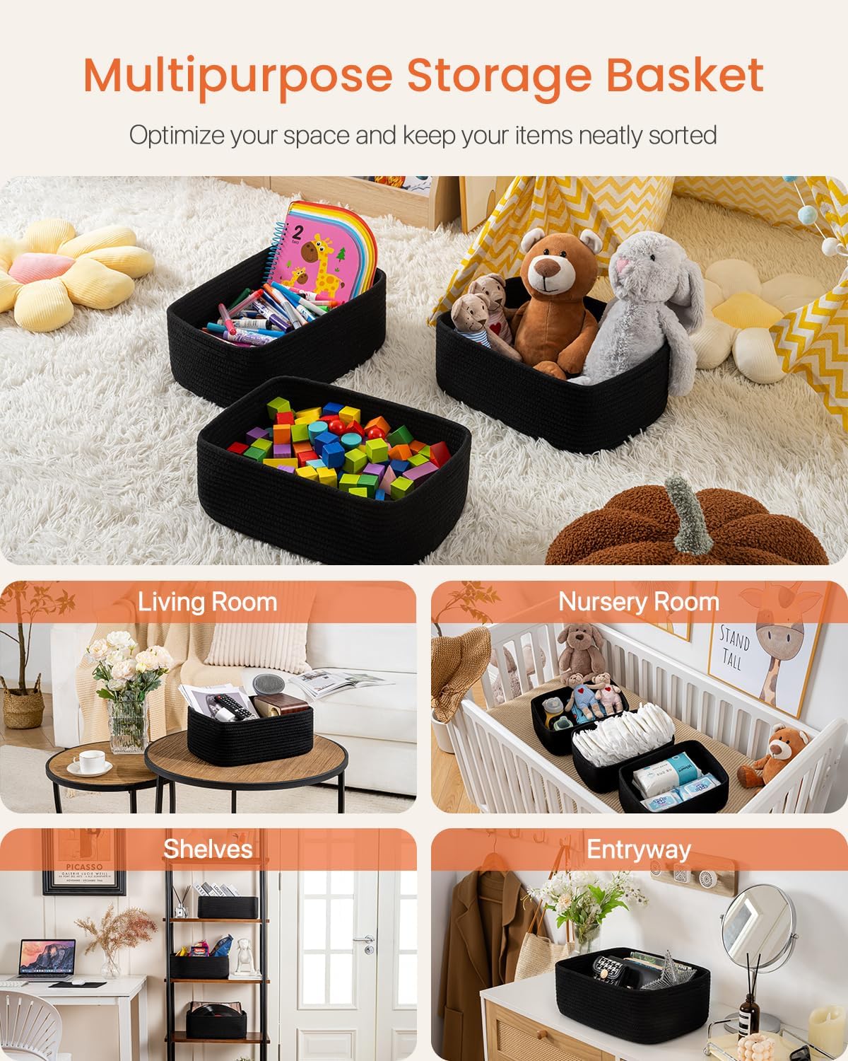 Small Woven Basket, 13.5 x 9.5 x 5 Inches, Storage Basket for Organizing, Cute Small Rope Shelf Closet Cube Storage Bins Baskets for Shelves, Dog Toy Gift Baskets Empty, 3 Packs, Black