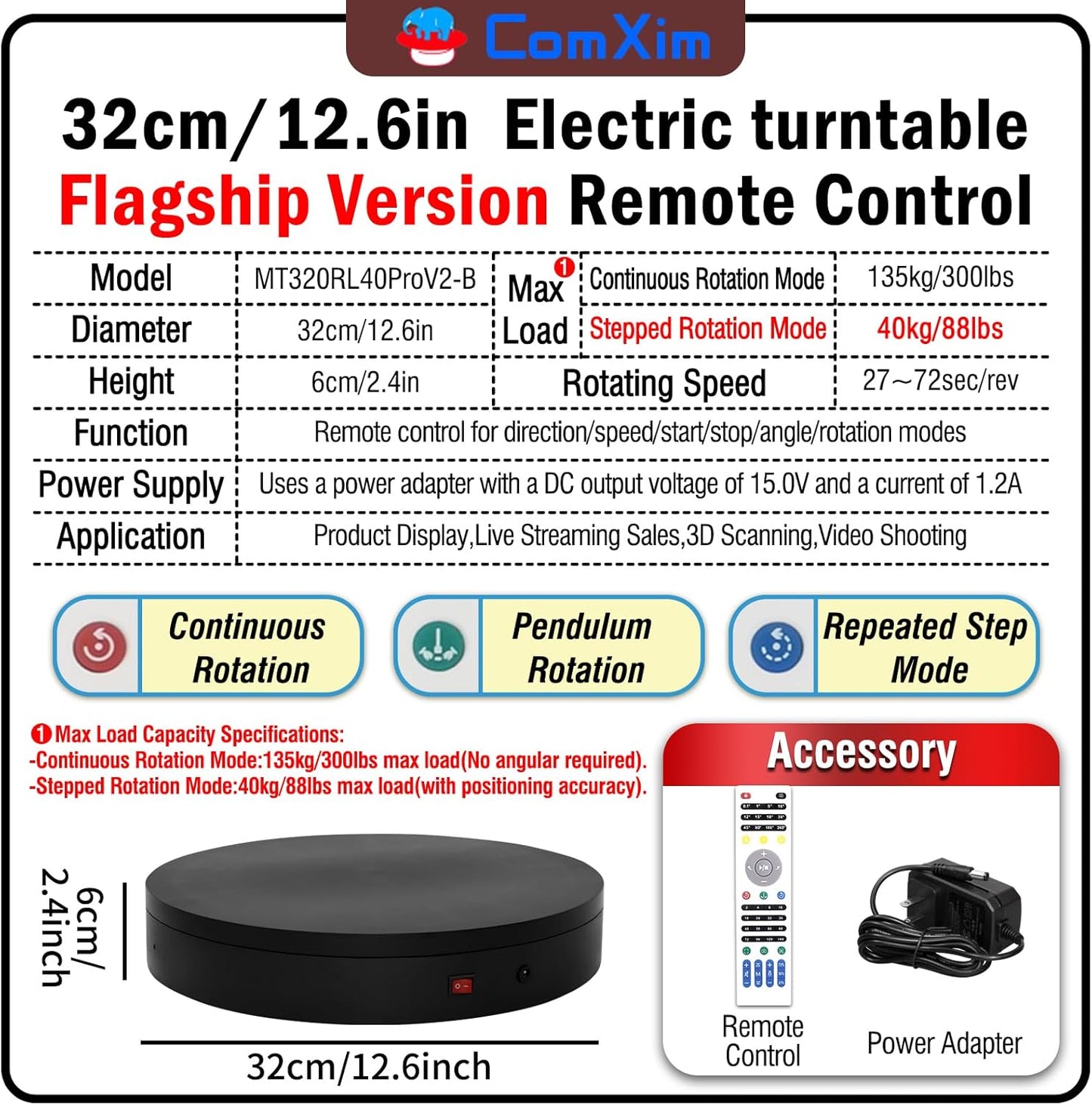 12.6In Remote Motorized Electric Turntable Rotating Display Stand Rotating Platform Photography Turntable motorized lazy susan base giratoria para for Photography,3D Scanner,(Load Range:88~300lbs)