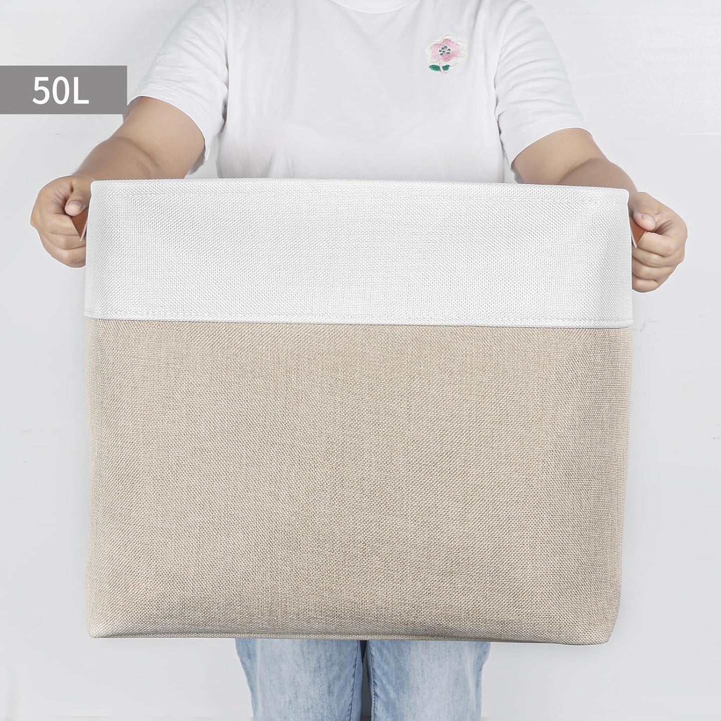 Large Fabric Storage Baskets | 50L Storage Bins, Decorative Linen Closet Baskets with Handles for Organizing, Shelf, Toys, Clothes, Home, Office, Nursery, 17x12x15Inches (Beige&White)