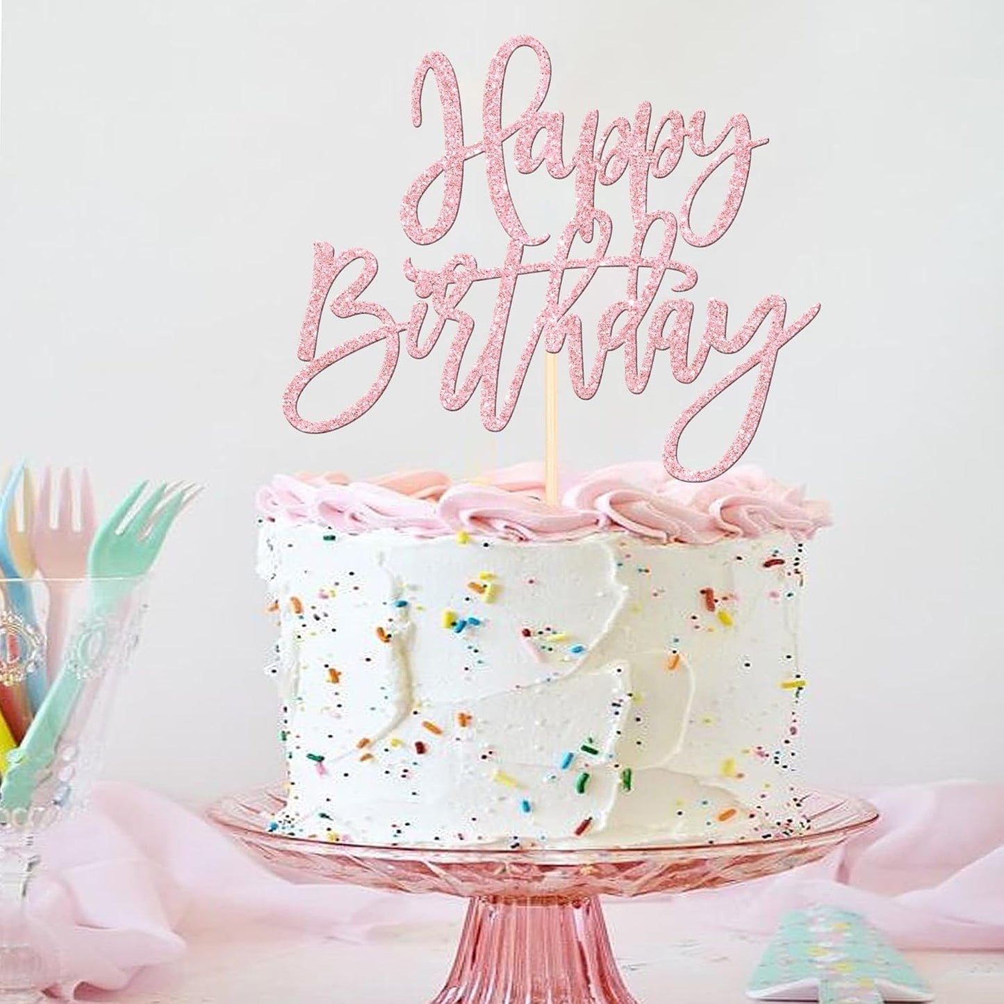 1 PCS Happy Birthday Cake Topper Glitter Cake Pick for Celebrating Anniversary Theme Party Cake Decorations Supplies Light Pink