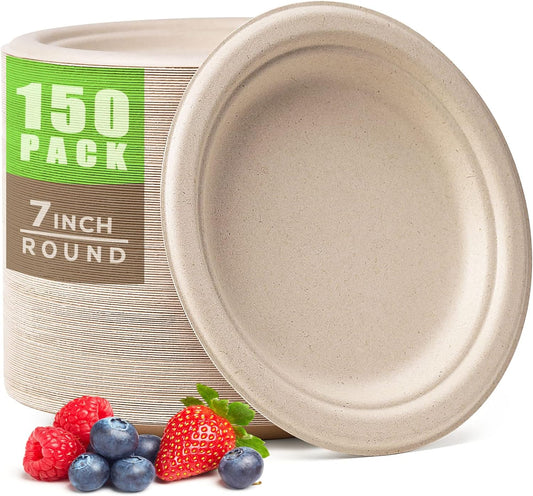 Gezond 100% Compostable Paper Plates 7 Inch, 150pcs Disposable Heavy-Duty Plates Unbleached Biodegradable Plate Made of Sugarcane Fiber