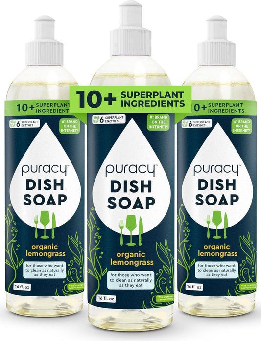 Puracy Natural Dish Soap Packs - Skin-Softening Plant-Based Dishwashing Soap, Non-Toxic Dish Soap, Organic Liquid Dishwashing Detergent Soap (Organic Lemongrass, 16 fl oz, 3 Pack)