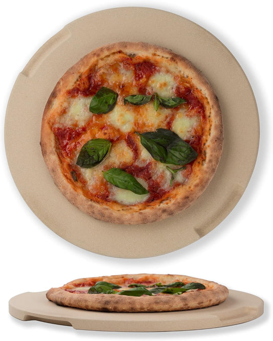 Pizza Stone 12.6in Round Baking & Grilling Stone, Perfect for Oven, BBQ and Grill. Innovative Double - faced Built - in 4 Handles Design