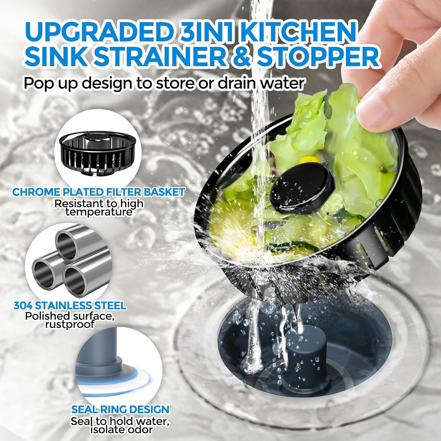 zaa Kitchen Sink Drain Strainer - Kitchen Sink Stopper, 304 Stainless Steel Sink Drain Stopper, Sink Protector for Kitchen with Anti-Clog Filter, Fit US Standard 3-1/2'' Sink Drain Hole, Black