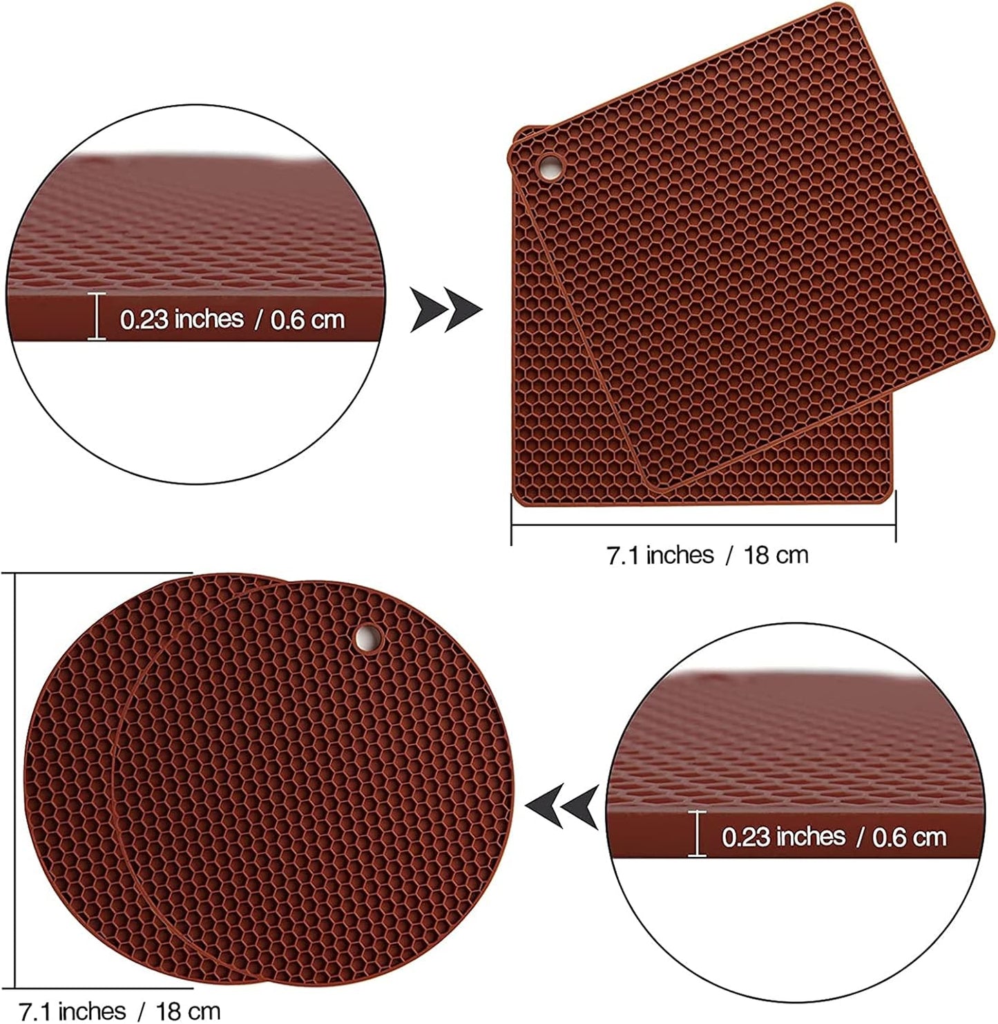 Joyhalo Trivets for Hot Dishes - Hot Pads for Kitchen, Silicone Pot Holders for Hot Pots and Pans, Silicone Mats for Kitchen Countertops, Table, Flexible Easy to Wash and Dry, Brown