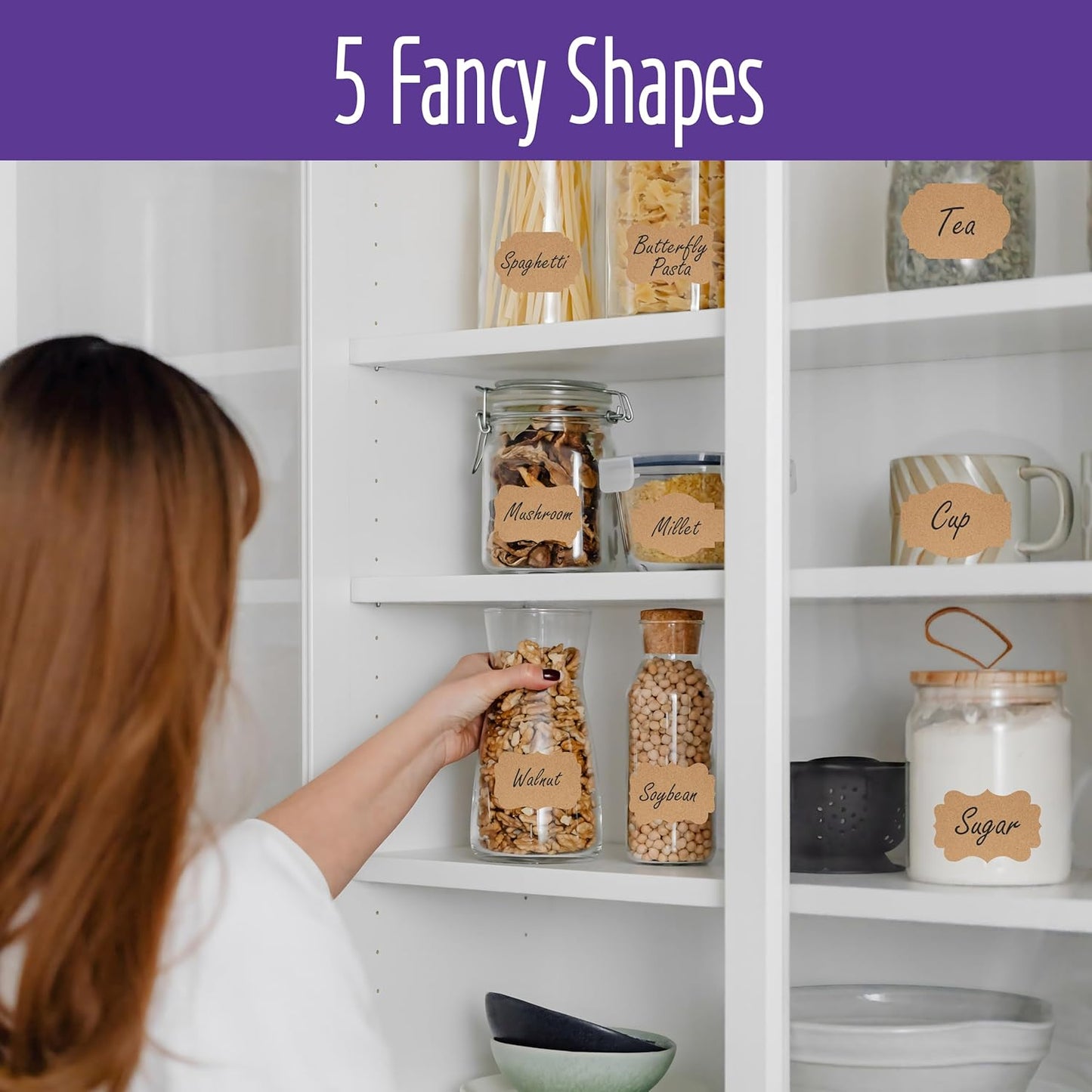 300 PCS Kraft Blank Stickers, 5 Fancy Shapes Labels Blank Stickers Roll Rustic Name Tags with Permanent Adhesive for File Folders, Food Jars, Gift Tags, Home Office Business Uses (2” x 3”)