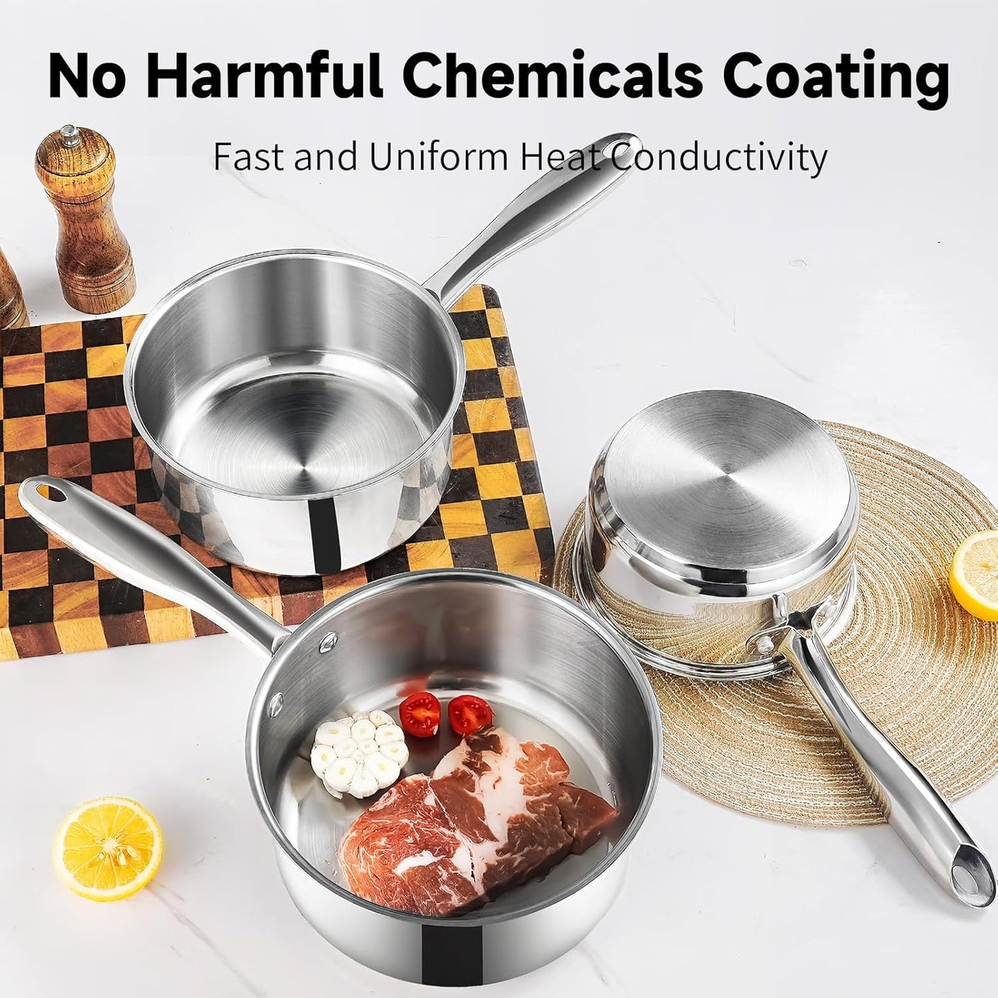 1Qt & 2Qt & 3QT Stainless Steel Sauce Pan Set with Lid,6 Pcs Non Stick Saucepan,Small Kitchen Pots,Induction Compatible,PFOA FREE