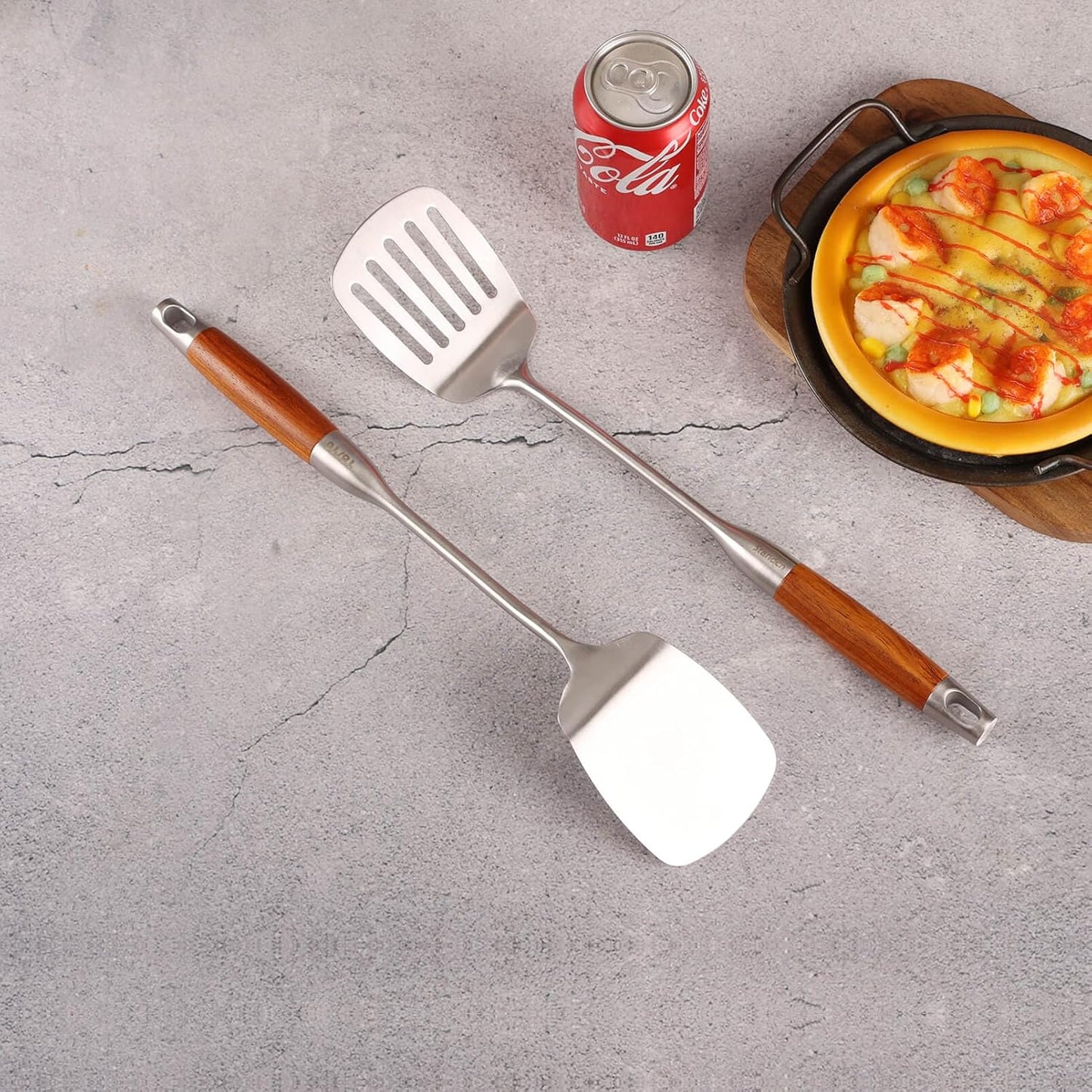 18/10 Stainless Steel Spatulas Set - 15” Long Spatulas for Kitchen, Metal Cooking Utensils - 1 Slotted Spatula + 1 Solid Turner (style B - roosewood handle)