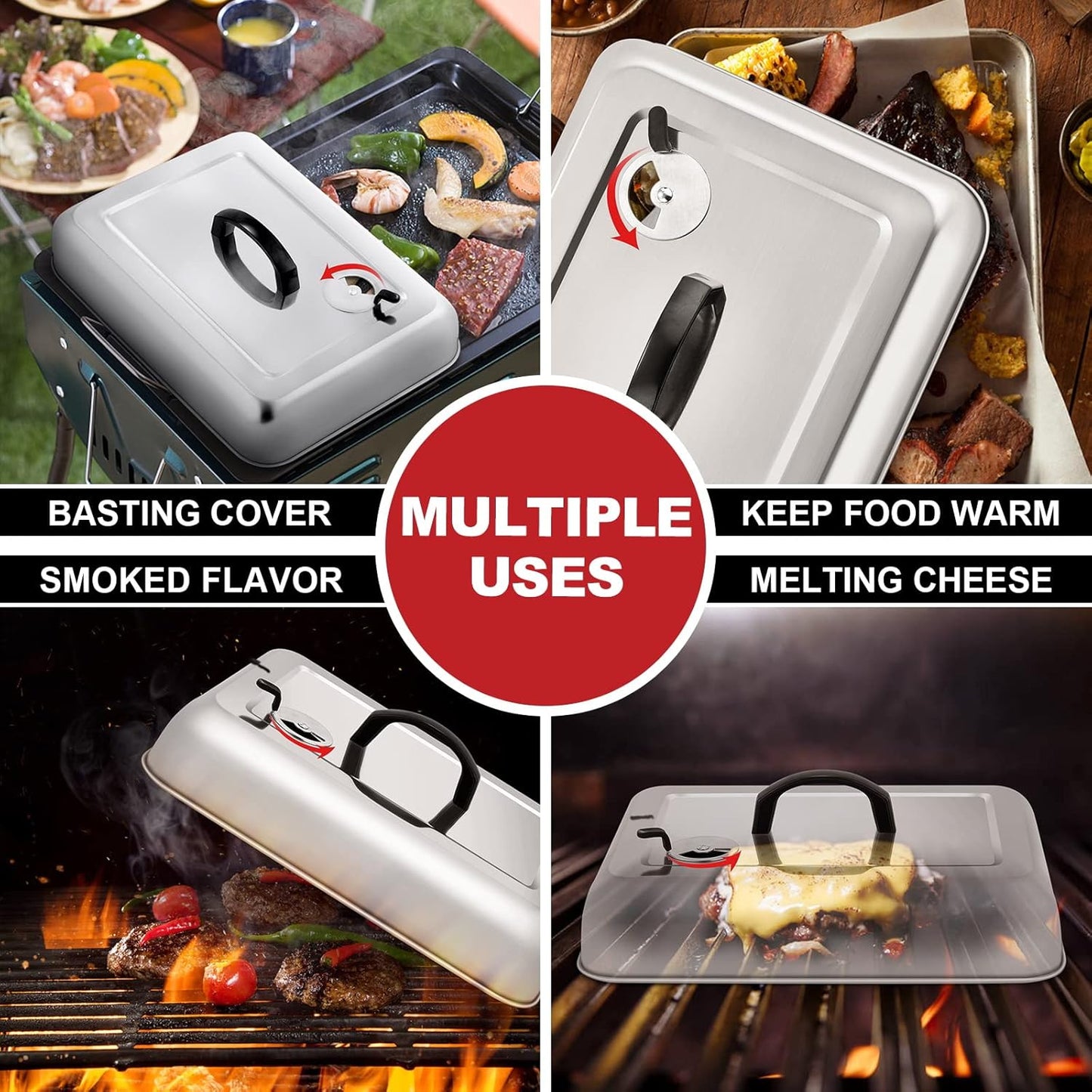 13x 9.75Inch Cheese Melting Domes, HaSteeL Rectangular Basting Steam Cover for Flat Top Griddle Cooking Outdoor & Indoor, Heavy Duty Stainless Steel Grill Lid with Adjustable Vent, Easy to Clean