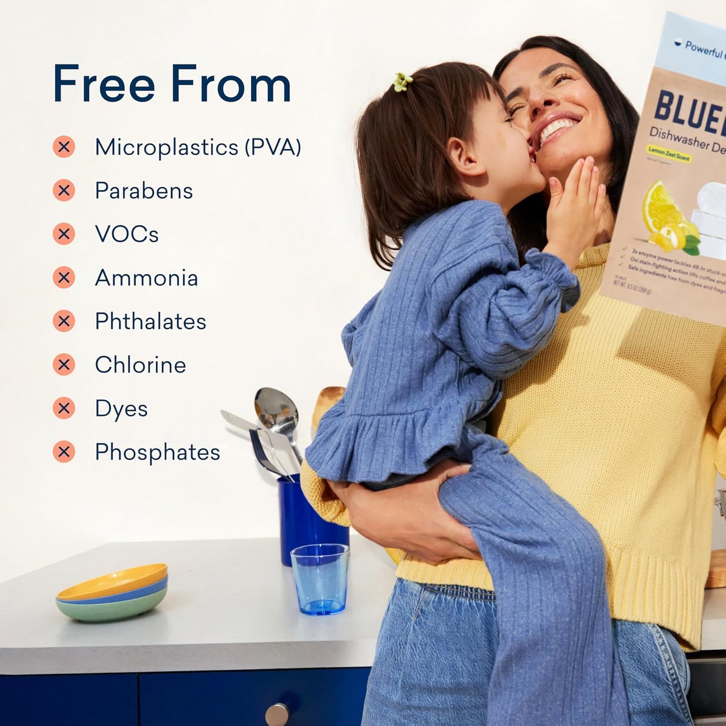 BLUELAND 100% Plastic-Free Dishwasher Detergent Tablets, 60 Count, Free & Clear, Eco-Friendly Dishwashing Pods, Natural, USDA Certified biobased