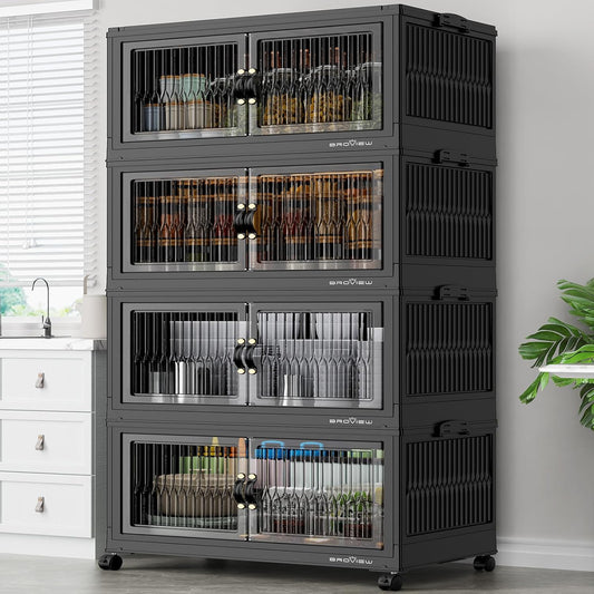 480Qt Stackable Storage Bins with 4 Lids, Extra Large Closet Organizer Collapsible Drawer Boxes with Wheels, Folding Plastic Cabinet Containers for Home Kitchen Room Organization, 4Pack Black