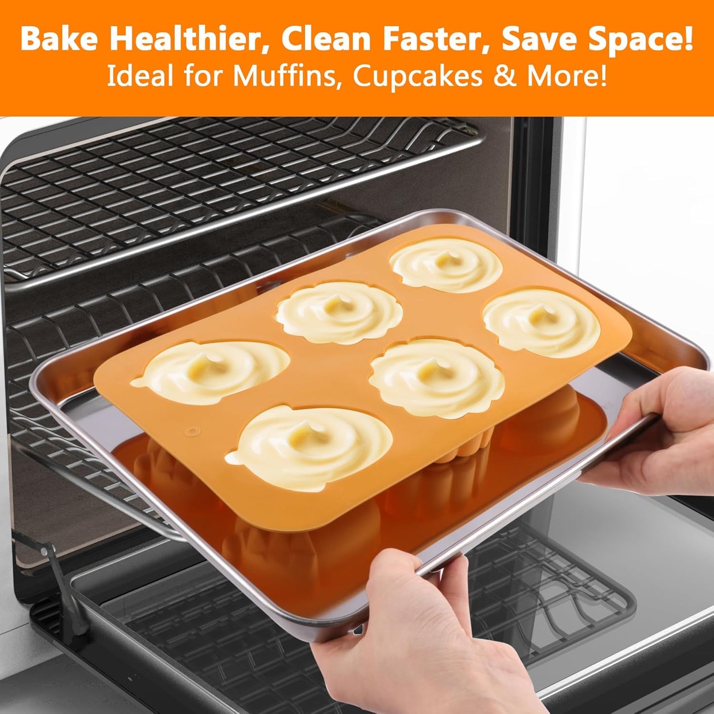 3-Pack 6-Cup Silicone Muffin Pans, Nonstick Cupcake Baking Molds, BPA/PFA-Free, Dishwasher & Oven Safe - Orange