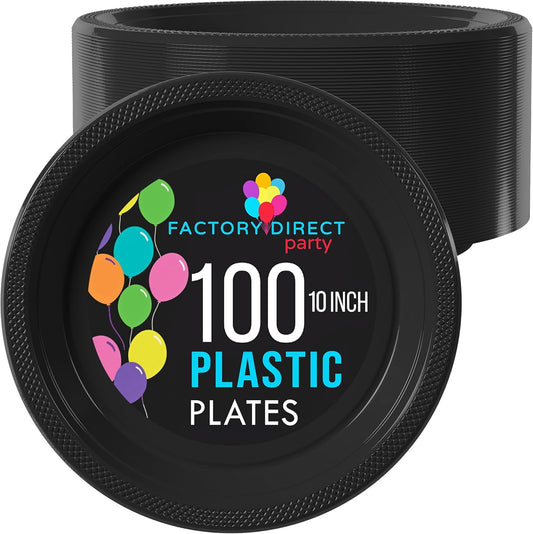 Exquisite Party Solids Black Plastic Plates For Party 10" Black Disposable Plates Heavy Duty Supplies 100 Pcs Plastic Dinnerware Sets Heavy Duty 350 GSM Disposable Dinnerware Set