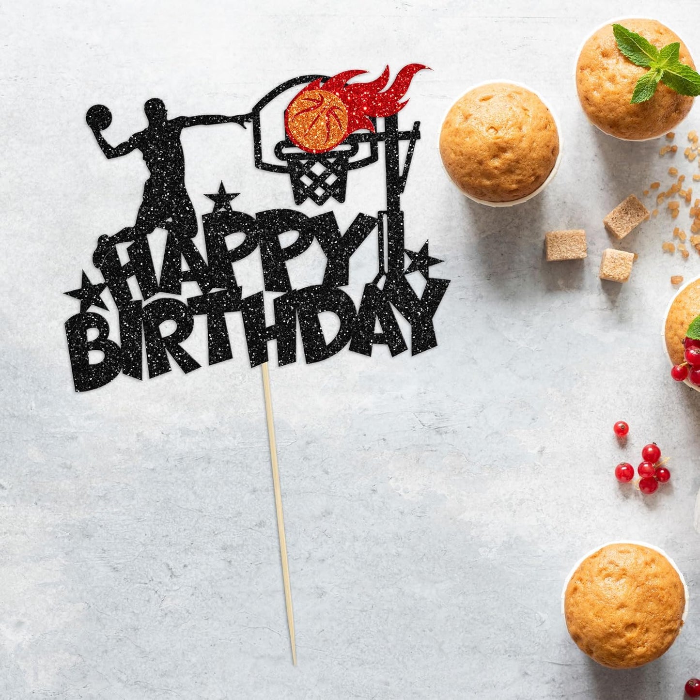 1Pc Basketball Happy Birthday Cake Topper Glitter Basketball Sports Theme Birthday Cake Pick for Theme Baby Shower Birthday Party Cake Decorations Supplies