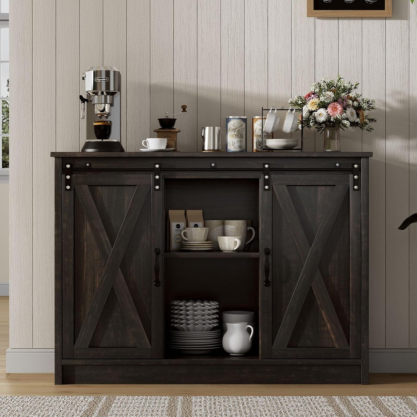 4 EVER WINNER Coffee Bar Cabinet with Sliding Barn Doors, 42” Sideboard Buffet Cabinet with Storage, Farmhouse Coffee Bar Station Table Liquor Wine Bar with Shelves for Kitchen, Espresso