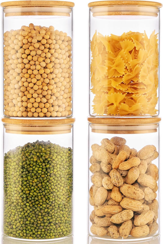 32oz - 4 Pack Glass Jars with Bamboo Lids, Glass Pantry Storage Containers with Airtight Lids, Round Air Tigh Food Storage Canisters for Cereal, Pasta, Flour, Sugar, Rice, Best for Kitchen Organizer