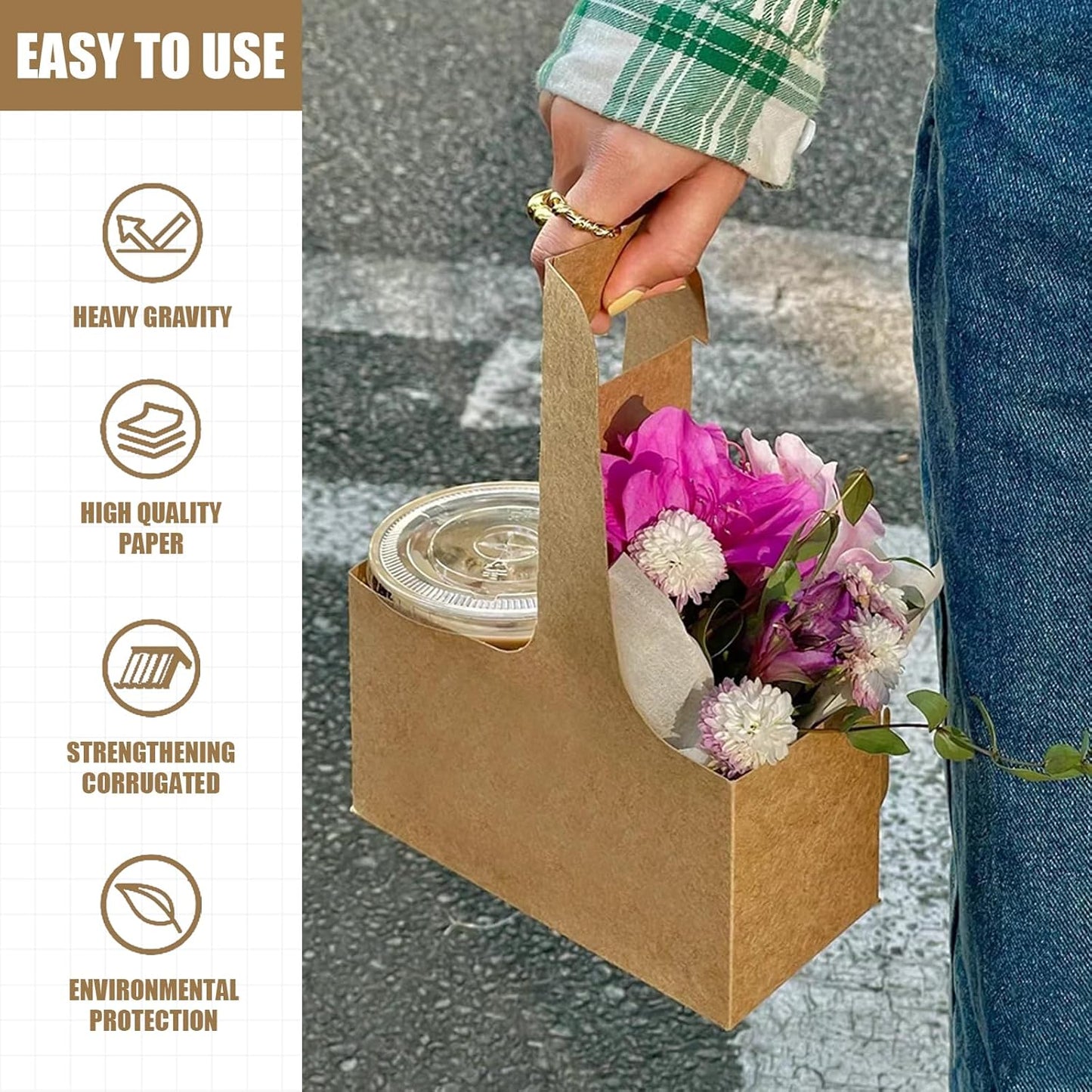 2 Cup Disposable Drink Carrier for Delivery with Handle,15 Count Kraft Paperboard Cup Holder,Cup Carriers for Hot or Cold Drinks,Coffee Carrier, Food Delivery,Take Out Cup Carriers (Brown)