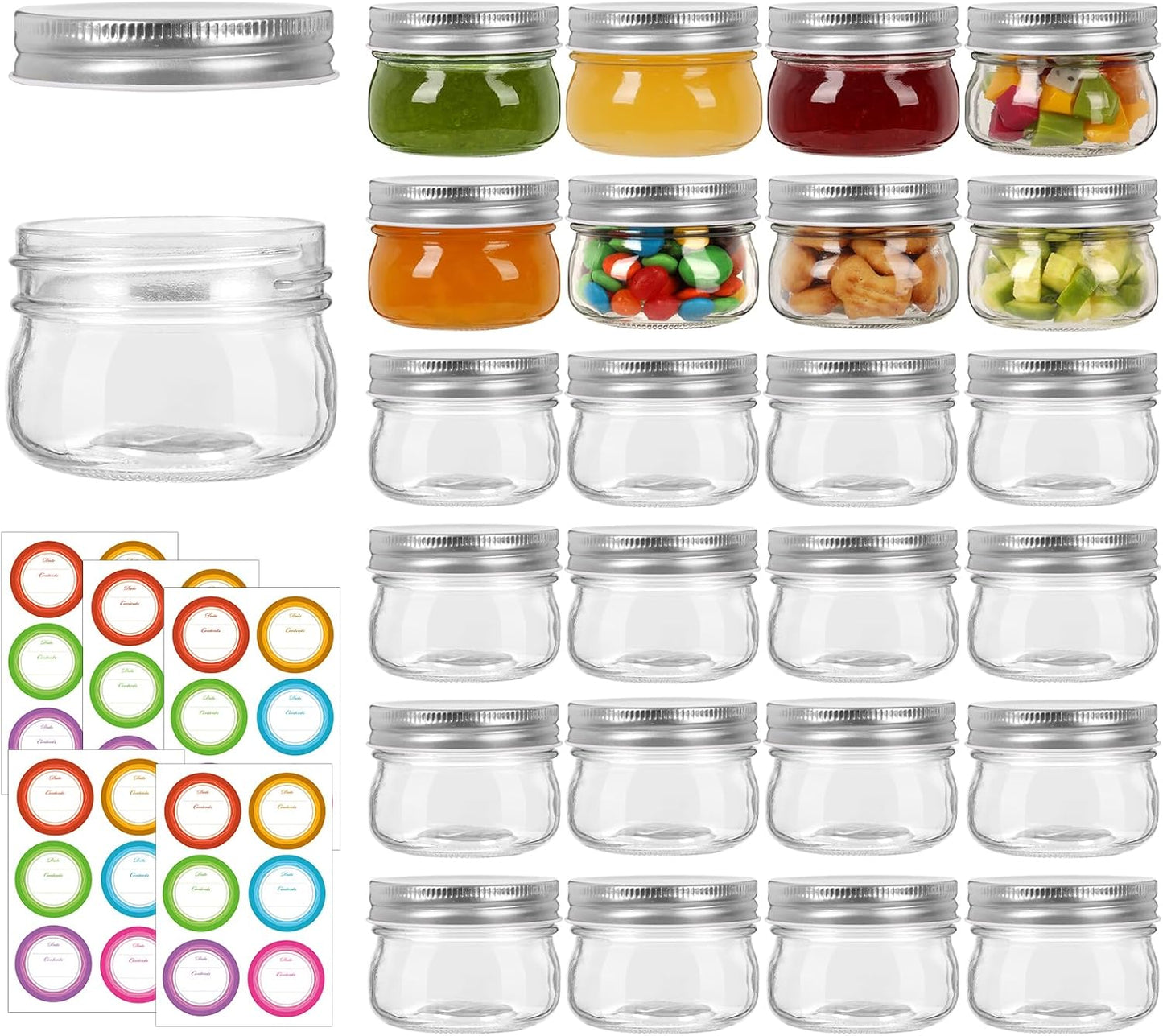 4 oz Mason Jars With Silver Lids, 24 Pack Regular Mouth Canning Jars for Jam, Honey, Yogurt, Spices, Snacks, DIY Projects, Wedding Favors- Includes 30 Stickers