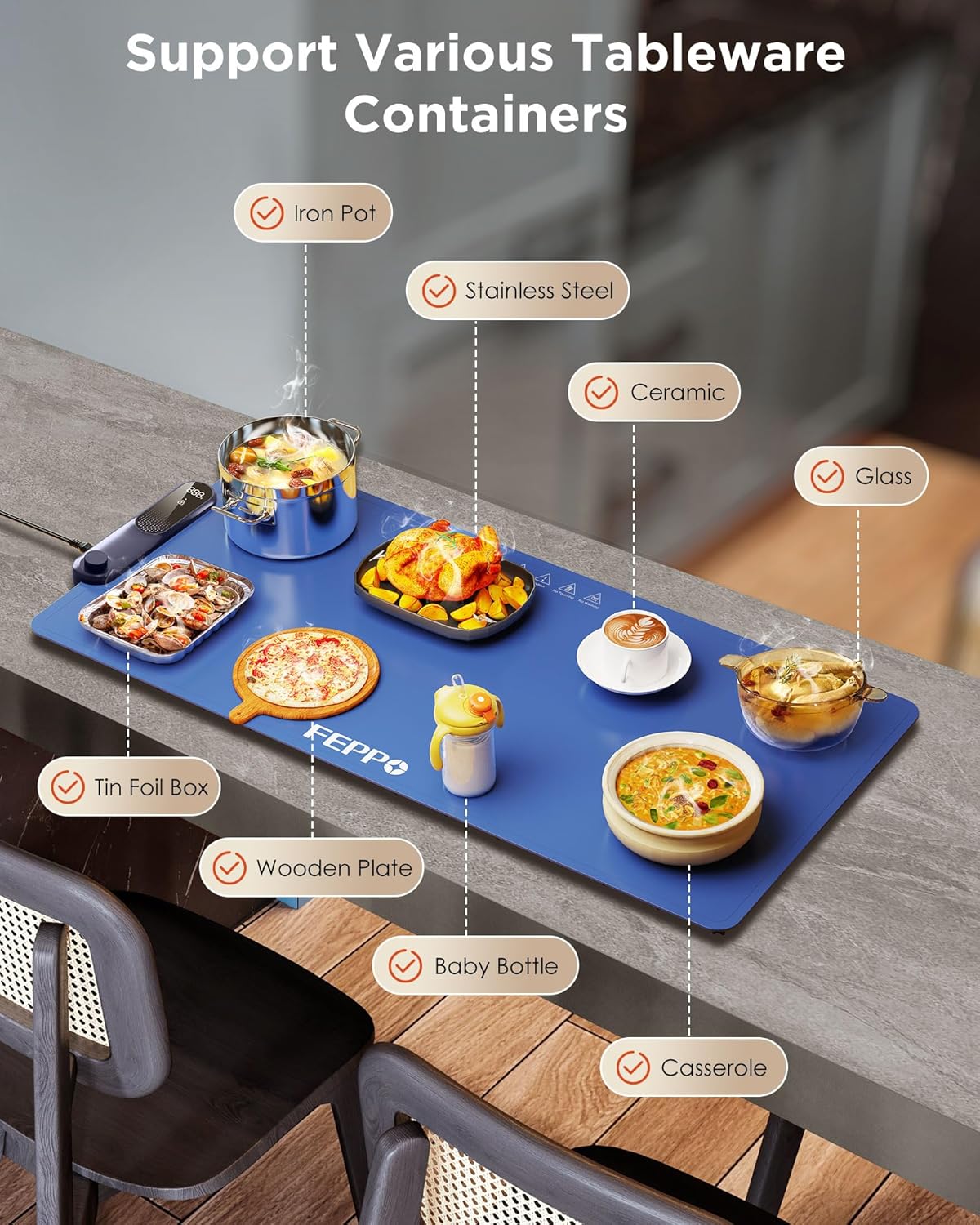 FEPPO Food Warming Mat, (XXL 35”x16”) Electric Warming Trays for Buffets Party, Fast Full-Surface Heating Mat for Food with 19 Level Adjustable Temperature and 6 Hours Timer, Roll Up Food Warmer