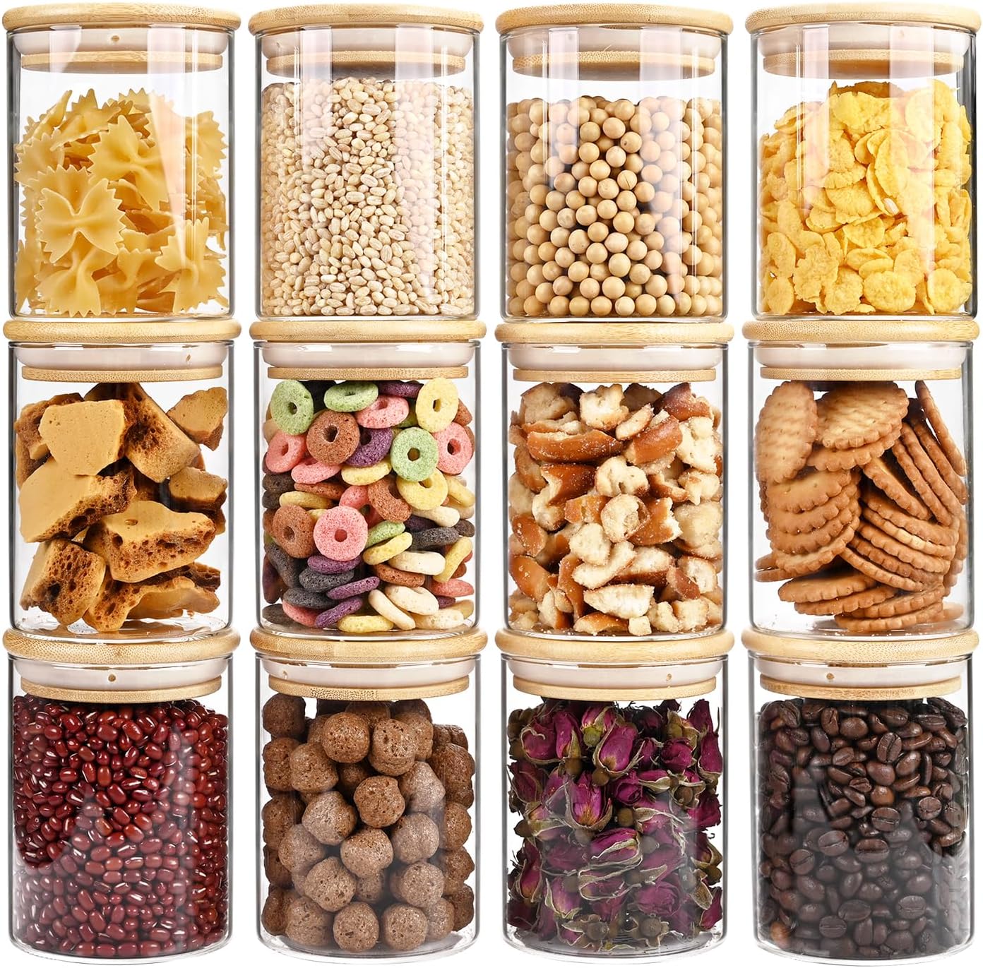17oz Glass Food Storage Jars, Glass Jars with Bamboo Lids, Kitchen Storage Jars, Set of 12, Canisters with Airtight Lids for Spice, Coffee, Cookie, Pantry Organizers