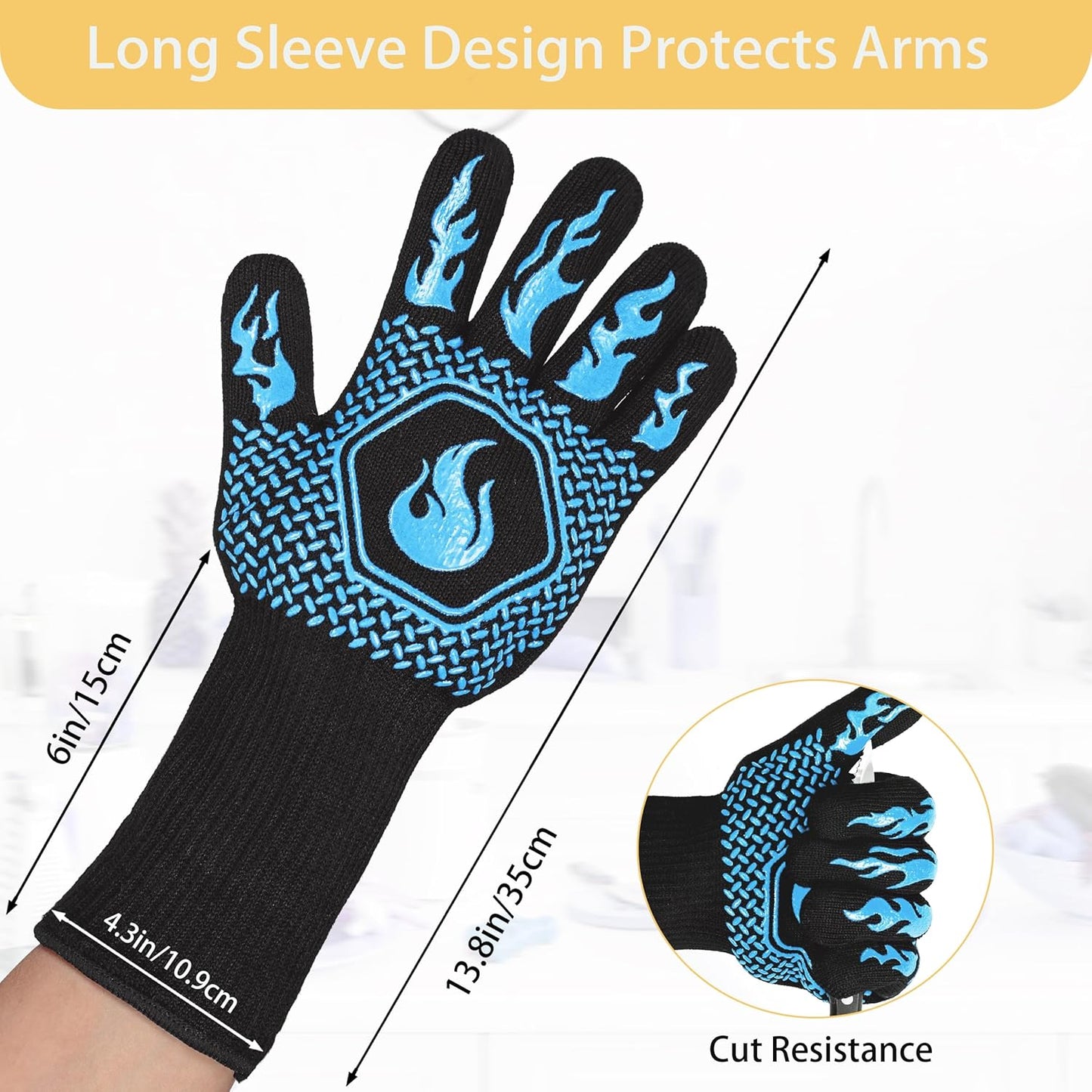 BBQ Fireproof Gloves, Grill Cut-Resistant Gloves 1472°F Heat Resistant Gloves, Non-Slip Silicone Oven Gloves, Kitchen Safe Cooking Gloves for Oven Mitts,Barbecue,Cooking, Frying,13.5 Inch-Sky Blue