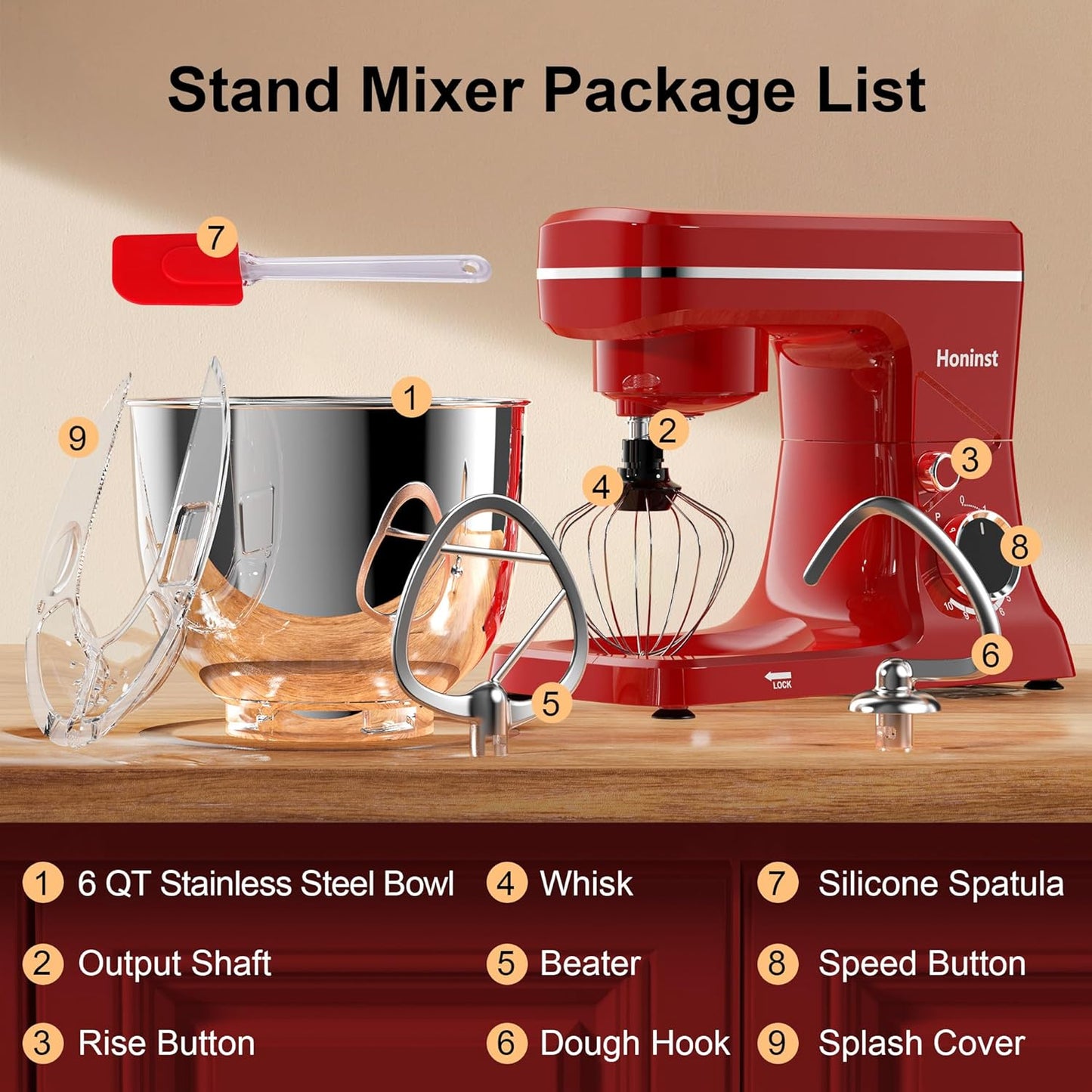 10-Speed Stand Mixer with 8-in-1 Splash Guard, Tilt-Head, 6QT Stainless Steel Bowl + Dishwasher-Safe Dough Hook/Whisk/Beater/Spatula for Baking Bread, Cakes, Cookies, Red