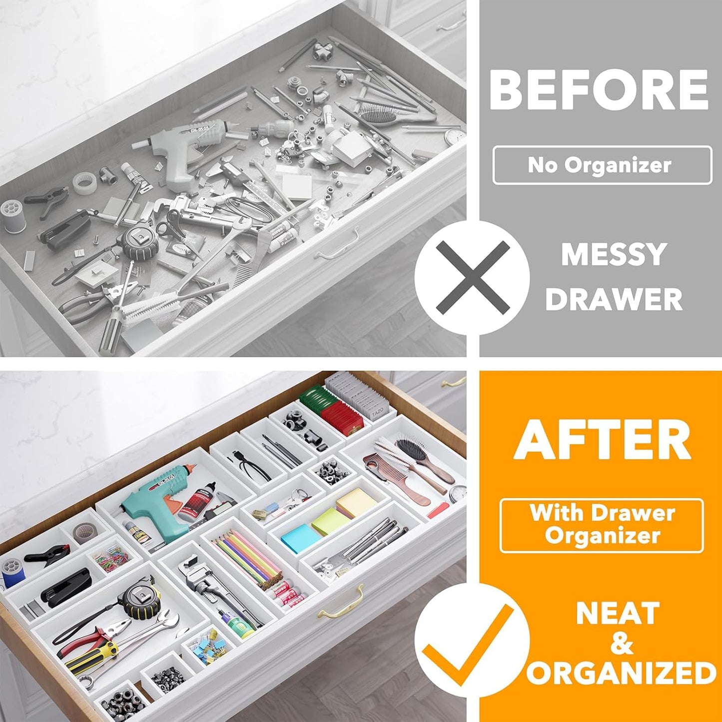 SpaceAid 21-Piece Bamboo Drawer Organizer Storage Boxes Set, Wood Tray Junk Drawer Organizers Multi-Use Divider Bins for Kitchen, Bathroom, Office Desk and Makeup Organization (21 Pack, White)