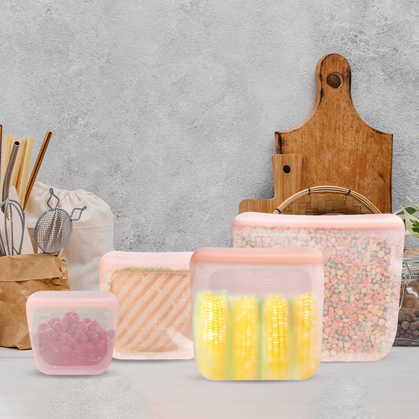 purifyou Set of 4 Reusable Silicone Storage Snack Bags 6oz / 16oz / 32oz / 64oz Self-Seal Food Storage Container for Fruits, Vegetables, Sandwiches, Dishwasher Safe & Leak-free (CloudPink)