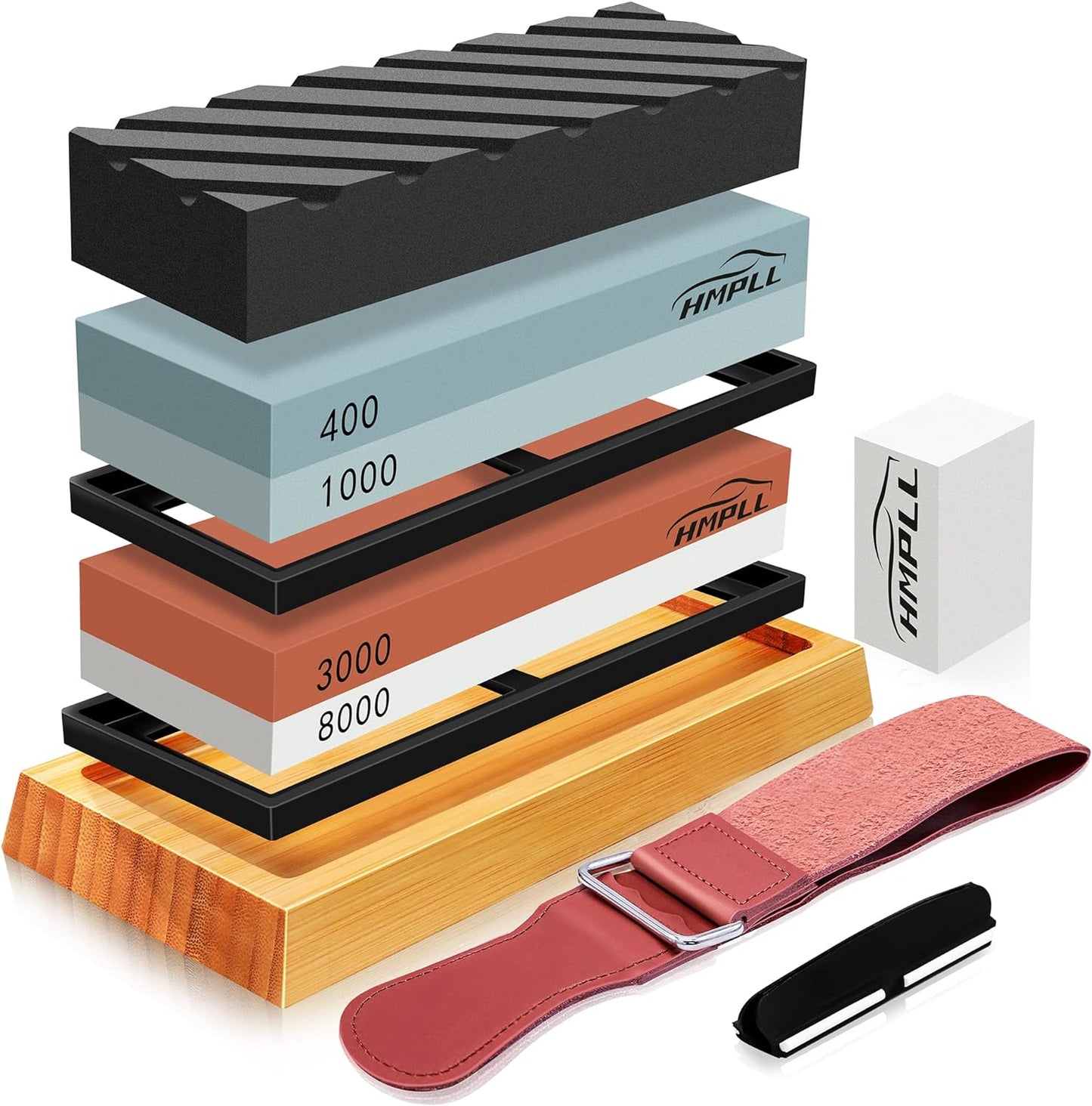 Knife Sharpening Stone Set, Professional Whetstone 4 Side Grit 400/1000 3000/8000, Whetstone Knife Sharpener Stone Set Include Non-slip Base, Leather Strop, Flattening Stone & Angle Guide