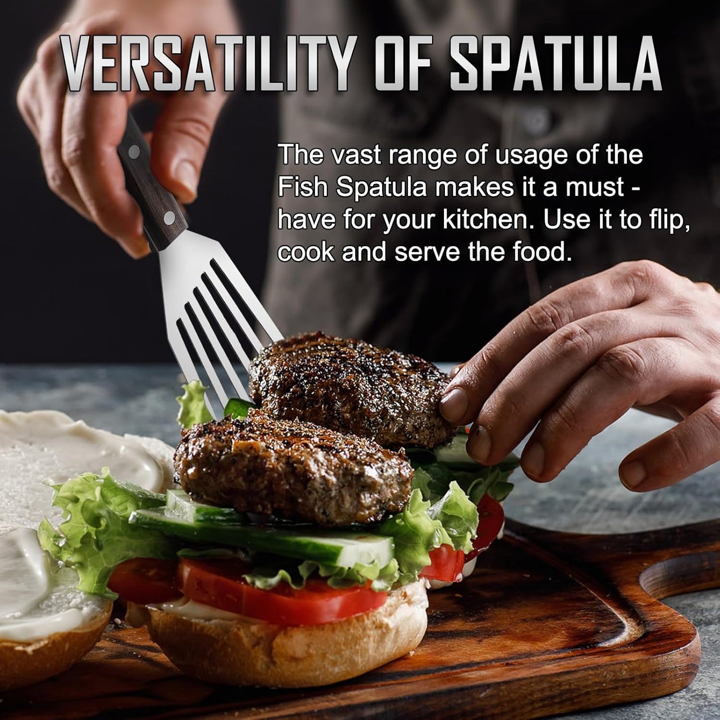 2 Pack Fish Spatula Stainless Steel，Flexible Metal Spatula Perfect for Flipping Eggs, Burgers and Baking, Durable Lightweight Kitchen Slotted Turner for Cooking & BBQ [Wooden Handle]