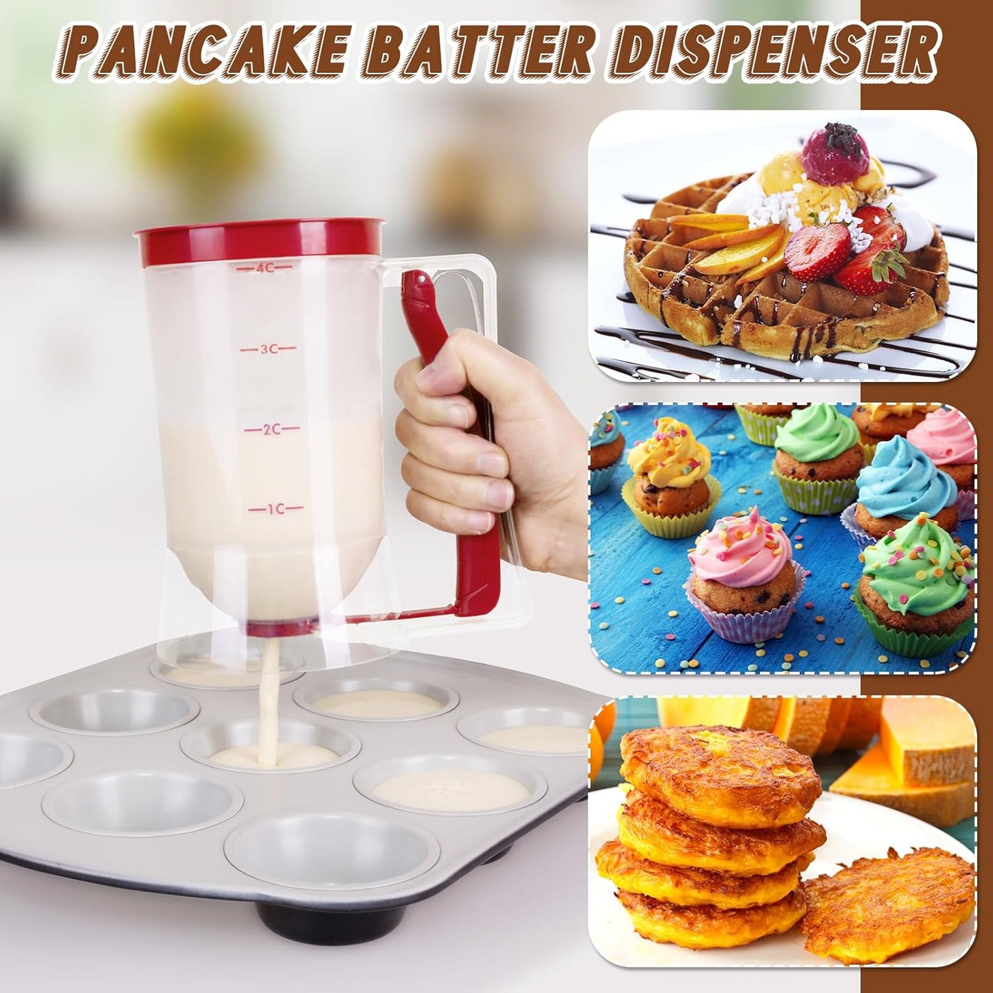 2 Pcs Cupcake Batter Dispenser Pancake Mix Dispenser 4 Cups with Squeeze Handle Tools for Pancake, Cupcake, Cookie, Cake, Waffles, Ice Cream Baking Gifts for Kitchen Housewarming (Red)