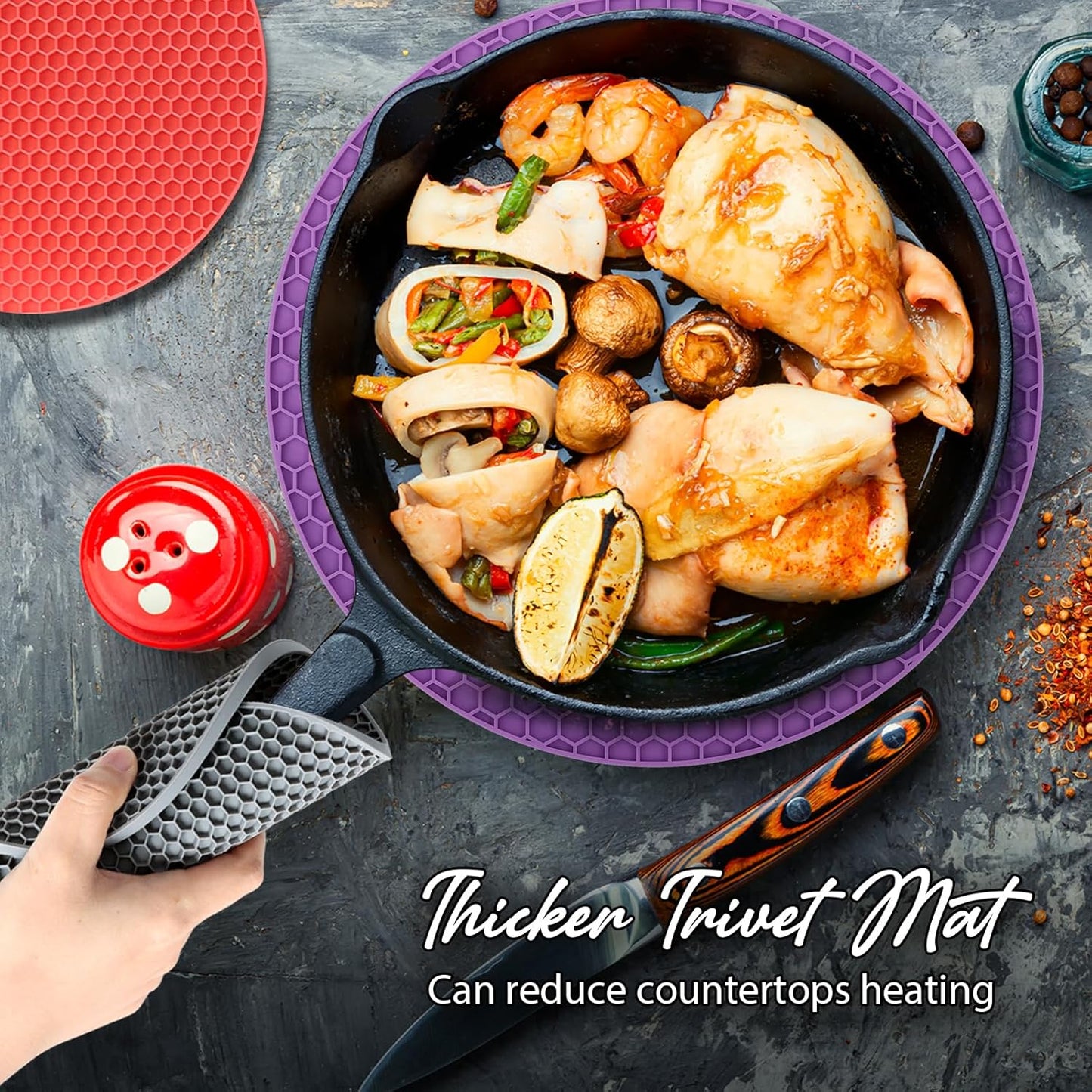 Joyhalo Trivets for Hot Dishes - Hot Pads for Kitchen, Silicone Pot Holders for Hot Pots and Pans, Silicone Mats for Kitchen Countertops, Table, Flexible Easy to Wash and Dry, Purple