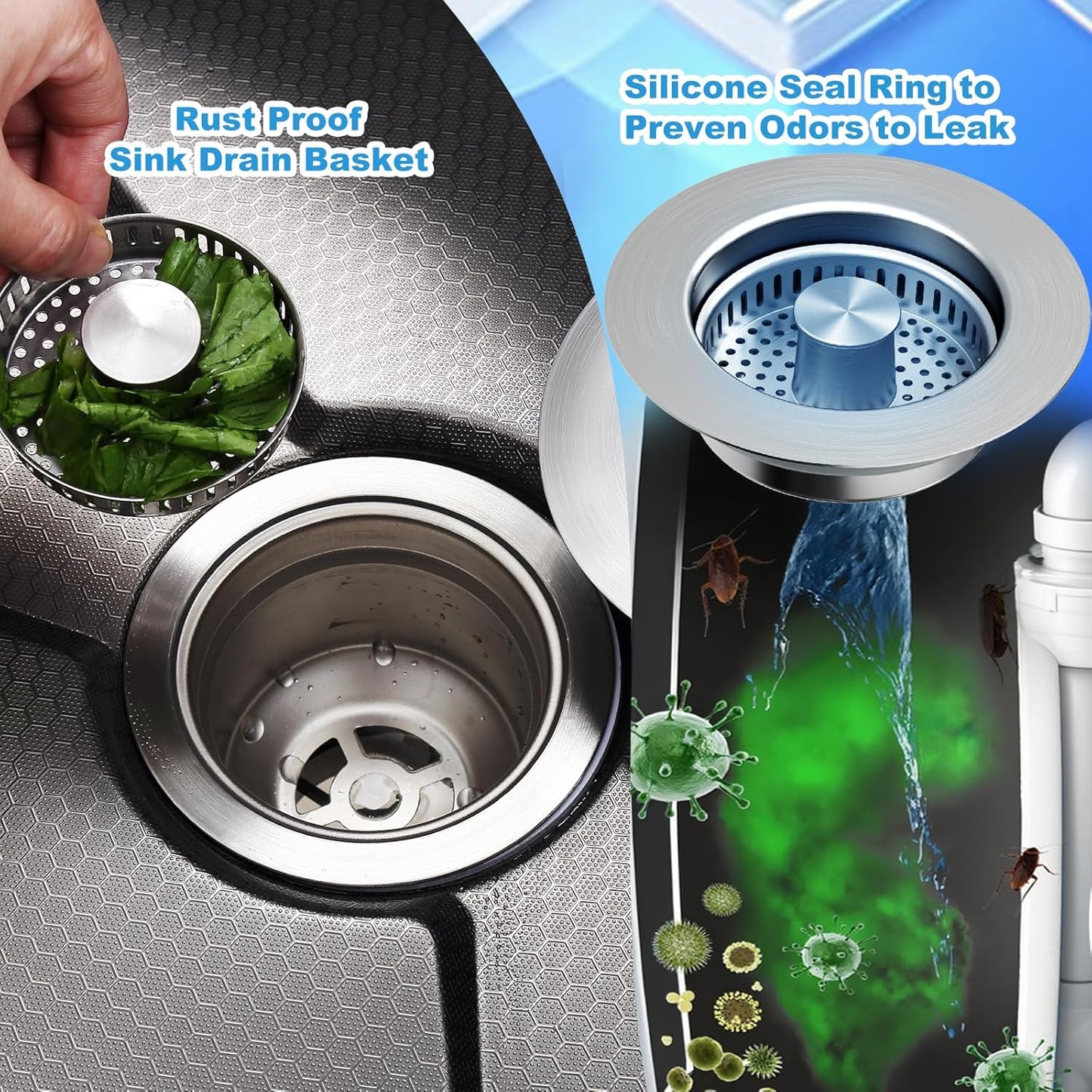 3-in-1 Kitchen Sink Drain Strainer & Stopper with Basket, Stainless Steel Drain Plug Cover Catcher for Food Waste - Sink Accessories for Home or Kitchen Sink Shroom Fit US Standard 3-1/2'' Drain Hole