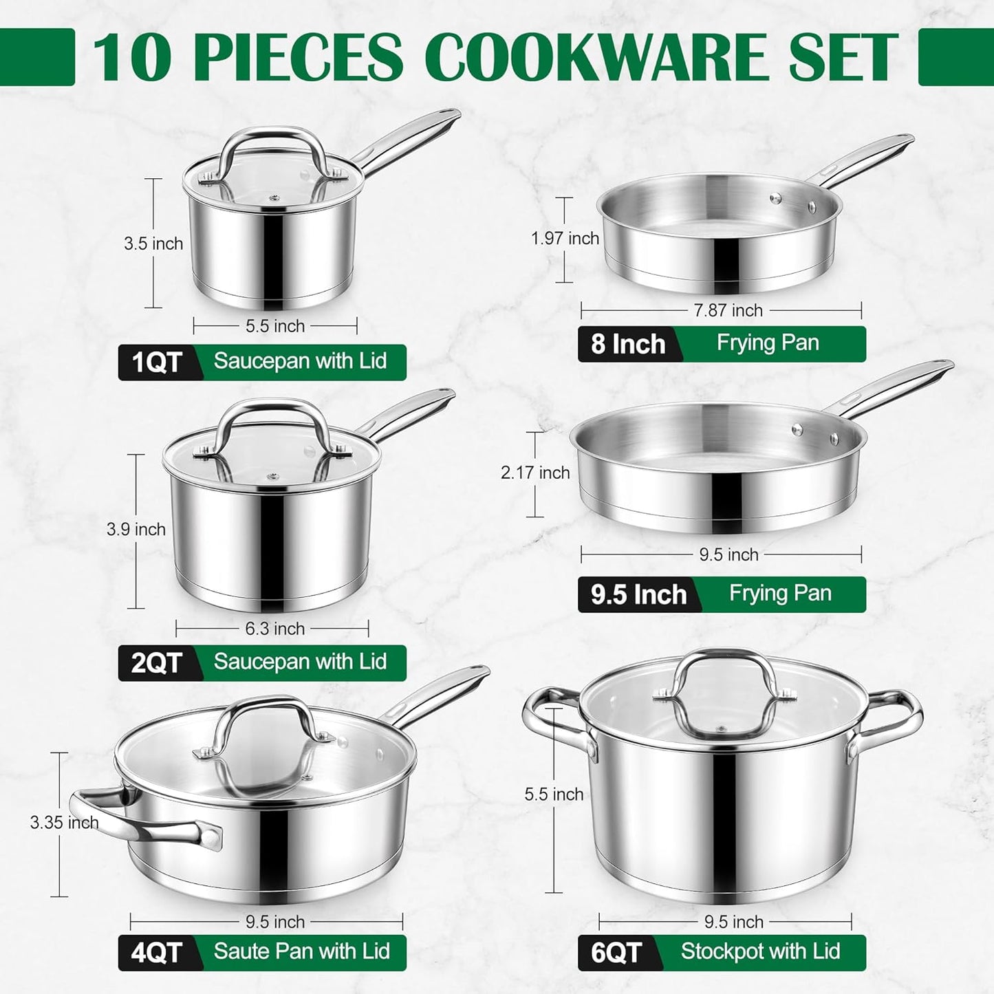 E-far 10-Piece Stainless Steel Cookware Set, Induction Pots and Pans Set with Tri-Ply Base, Non-toxic Kitchen Cooking Set w/Frying Pan, Saucepan, Saute Pan, Stockpot with Lids, Oven & Dishwasher Safe
