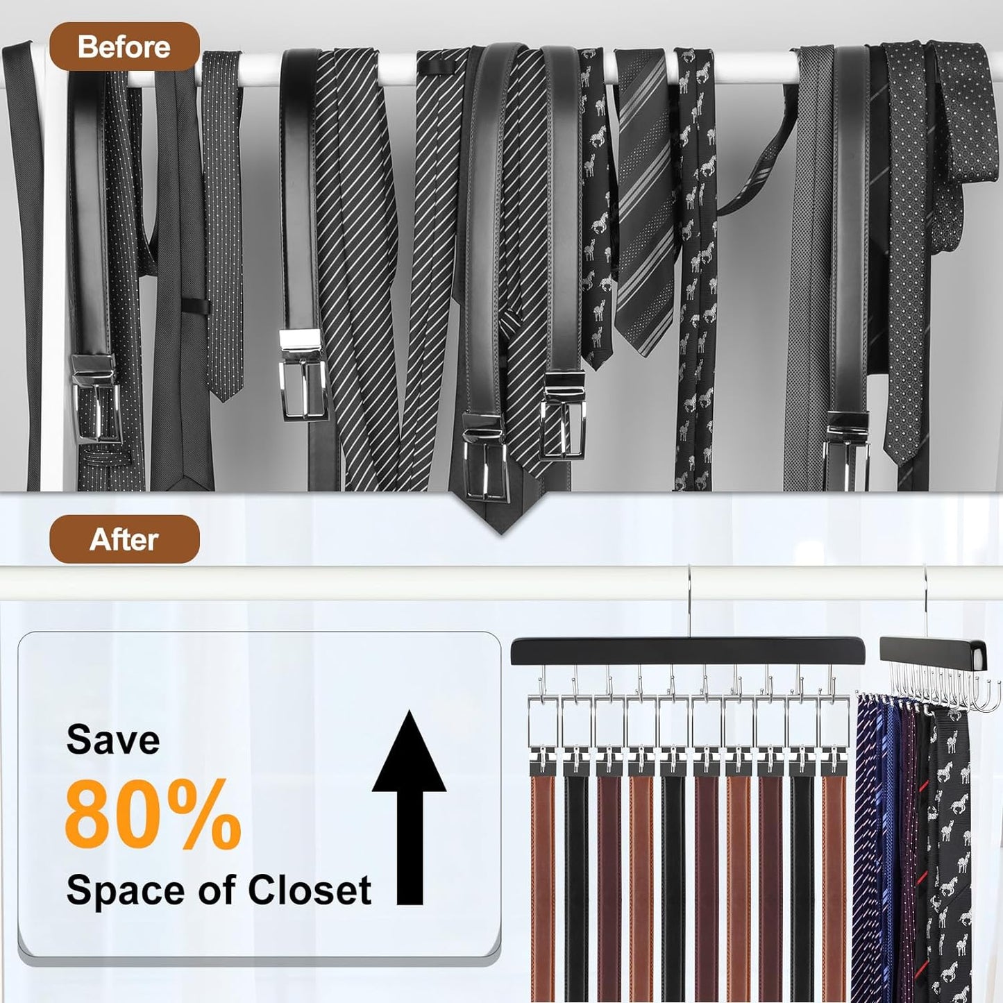 TOPIA HANGER 20 Hooks 2 in 1 Belt Tie Hanger for Closet Max 30 Belts with 30 Ties Capacity, Belt Tie Racks Wooden Hanger for Closet Organizer Storage “U” Fit for Belt and “一” Fit for Tie - CT47B