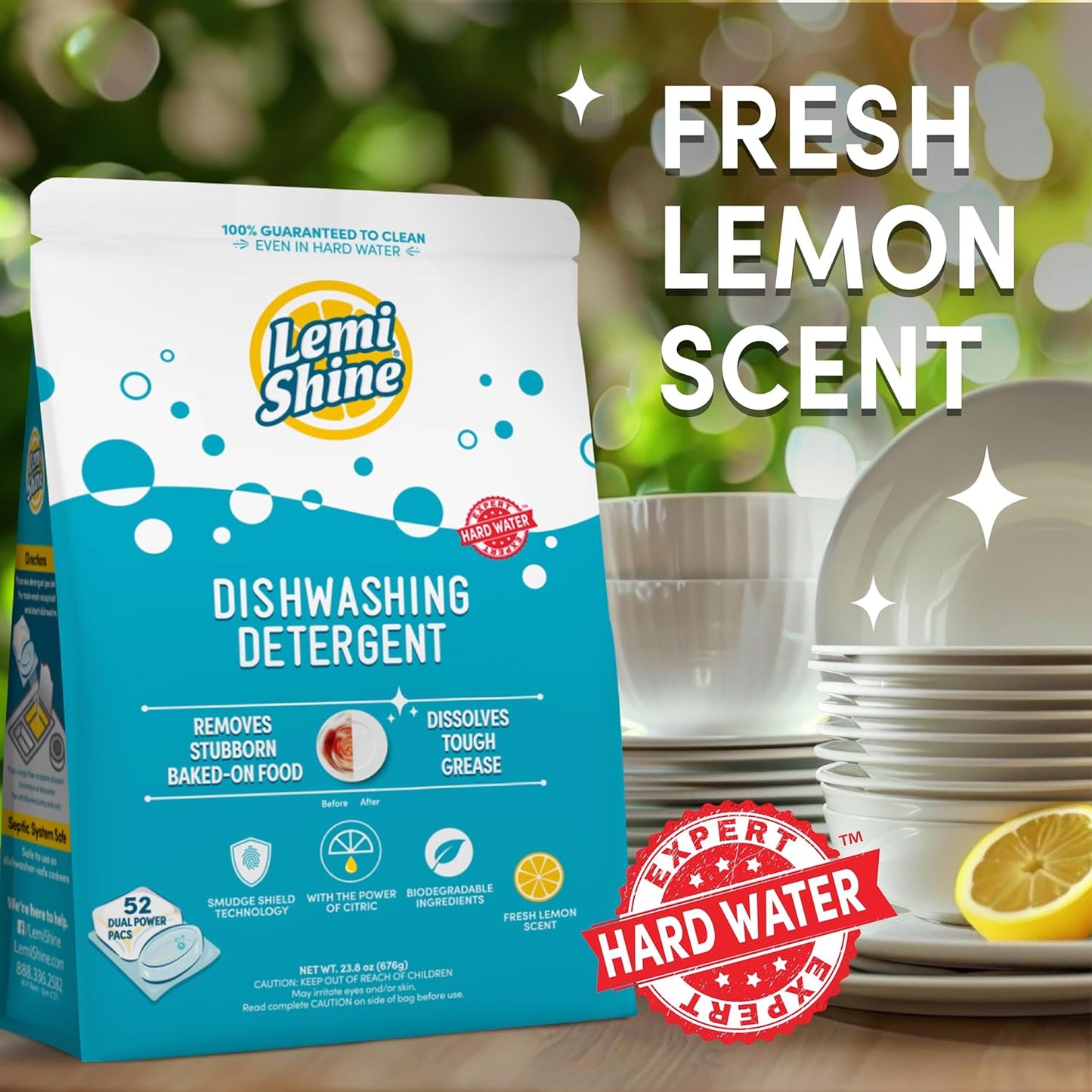 Lemi Shine Natural Dishwasher Pods | All-In-One Powder & Gel Dishwasher Detergent Pods with Powerful Citric Acid | Eco Friendly Dish Wash Cleaning Supplies (52 Count)