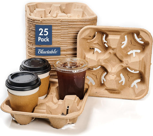 4 Cup 8 oz. - 32 oz. Drink Carriers & Paper Cup Holder (25 Pack) For Disposable Cups, Delivery Carrier- To Go - Coffee Drinks or Iced Drink Molded Fiber [25 Case Pack]