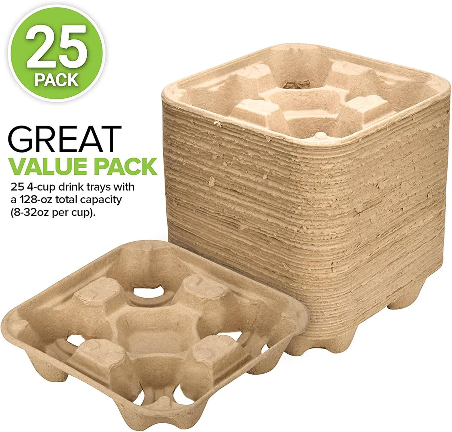 4 Cup Disposable Coffee Tray (25 Count) - Commercially Compostable Cup Holder - Durable Drink Carrier for Hot or Cold Drinks, Uber Eats - to Go Coffee Cup Holder for Food Delivery Service