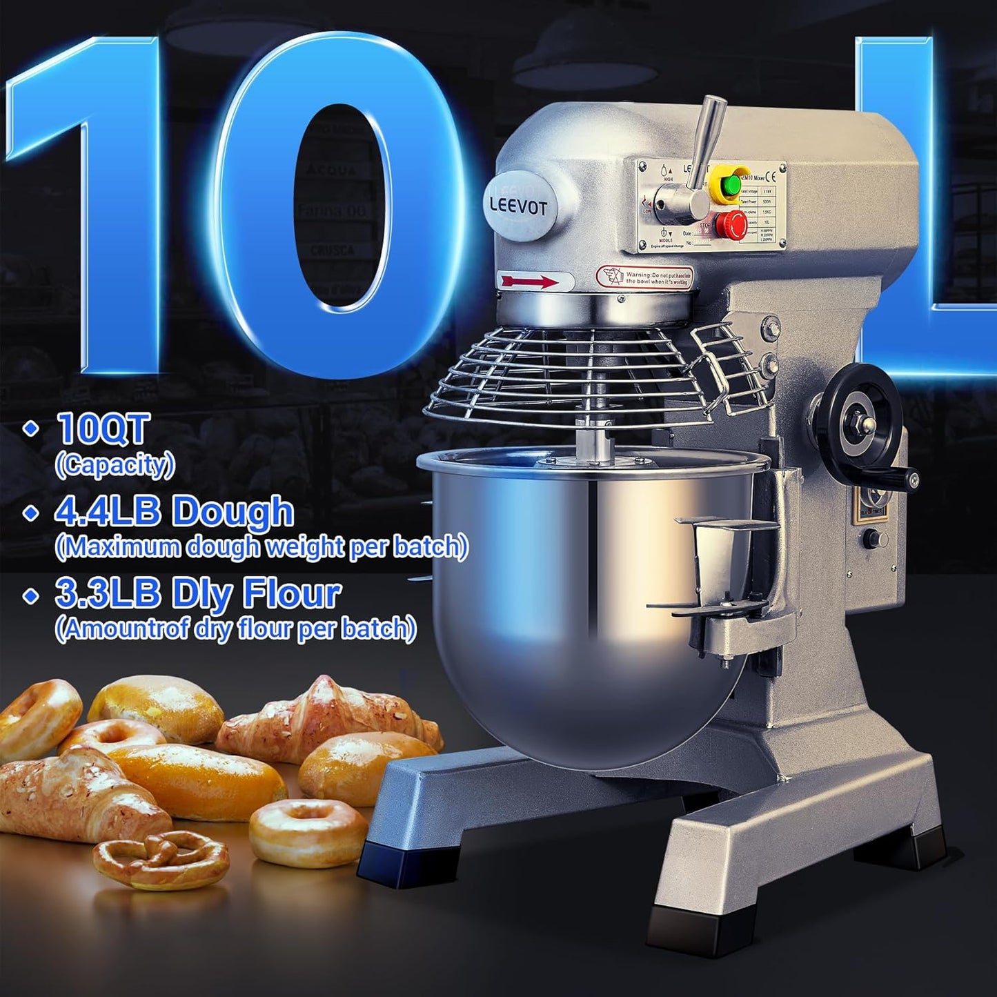 Commercial Food Mixer 10Qt,500W Commercial mixer 3-Speed Adjustable with Timing Function, Industrial Dough Mixer with Stainless Steel Bowl for Bakery Pizzeria (Upgrade)
