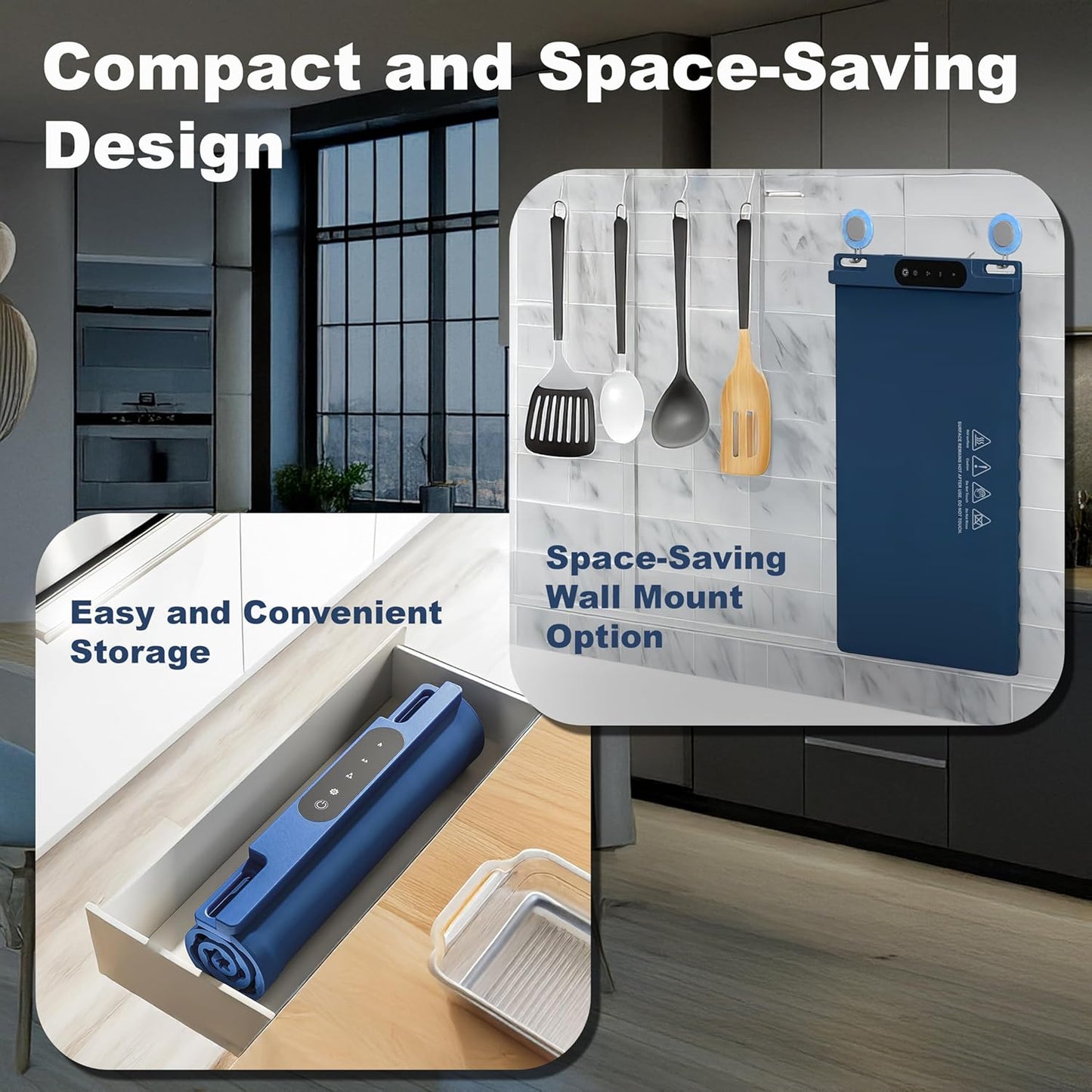 OMEO Food Warming Mat - Electric Warming Tray with 3 Temperature Settings and 1-4 Hours Timer, Full Surface Graphene Food Warmer, Premium Rollable Silicone Heating Mat Food, Gatherings, Parties(Blue)