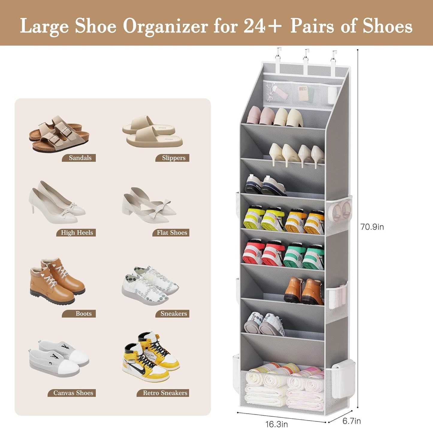Criusia Shoe Organizer, Over the Door Shoe Organizer, Hanging Closet Shoe Storage with Large Deep Pockets, Fits 16–24 Pairs of Sneakers, Sandals, Boots, Gray
