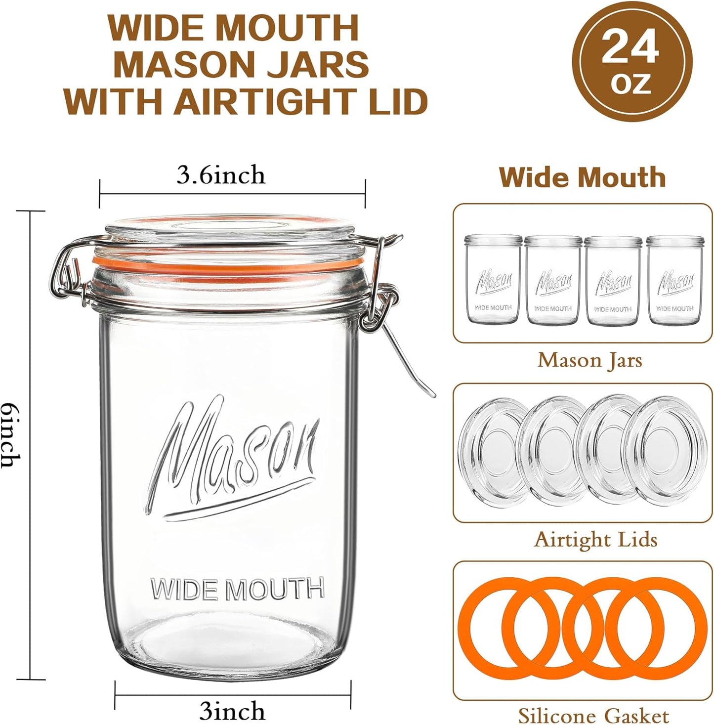 24oz Wide Mouth Mason Jars – 4 Pack Glass Jars with Airtight Lids for Canning, Pickling, Meal Prep, Jam, Jelly, Overnight Oats & DIY Projects