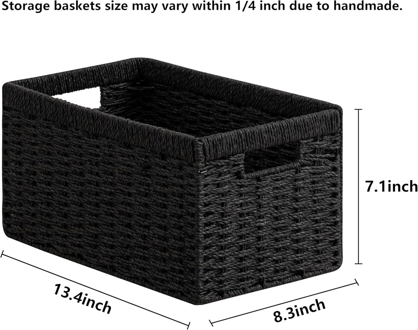 UBBCARE 2 Pack Wicker Basket, 13.4L×8.3H×7.1W inch Woven Paper Rope Storage Baskets for shelves, Foldable Rectangular Storage Baskets with Handle, Storage Basket for Organizing, Black