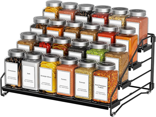 4 Tier Spice Rack for Cabinet, Spice Rack Organizer, Depth Adjustable Spice Holder for Countertop, Cupboard, Pantry, Seasoning Shelf, Metal, Black (1 Pack)