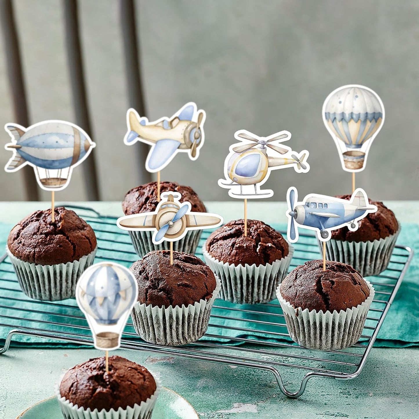 35PCS Airplane Cupcake Toppers Hot Air Balloon Helicopter Travel Themed Party Decorations Baby Shower Kids Boys Girls Birthday Party Cake Decorations Supplies