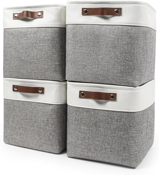 Collapsible Fabric Storage Cubes 11x11 Cube Storage Bins, 4 Pack Closet Baskets Box with Handles for Organizing, Shelf, Toys, Clothes, Home, Office, Nursery (Grey&White)