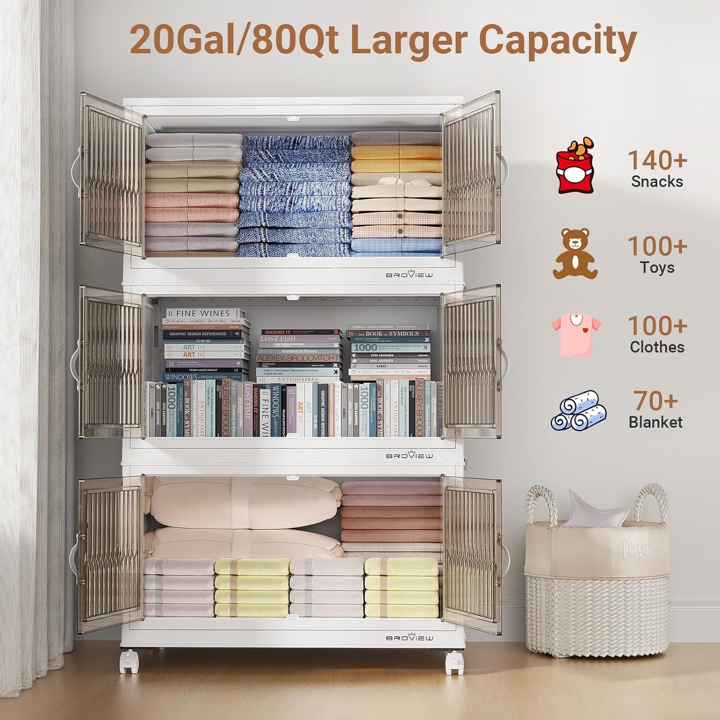 400Qt Stackable Storage Bins with Lid, Extra Large Closet Organizer Collapsible Drawer Boxes with Wheels, Folding Plastic Cabinet Containers for Home Kitchen Room Organization, 5Pack White