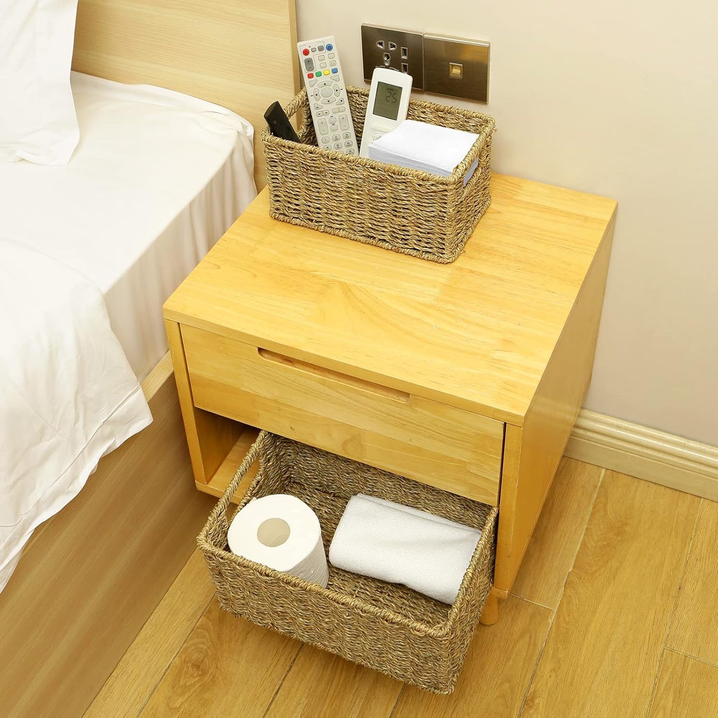 HOONEX Wicker Baskets for Storage, Seagrass Baskets with Dual Handles, Woven Baskets for Shelves, Set of 2, Natural