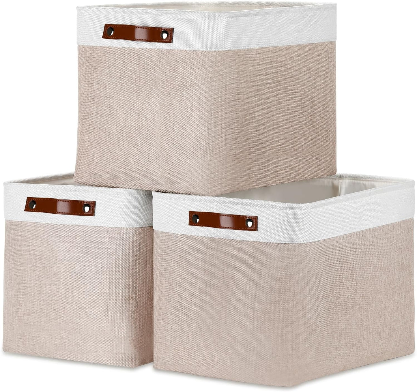 DULLEMELO Fabric Storage Bins, Lining Fabric Baskets For Gifts, Large Storage Baskets for Toys Books Clothes Storage, Foldable Storage Basket for Office Home Shelves Closets Organizing(White&Khaki)