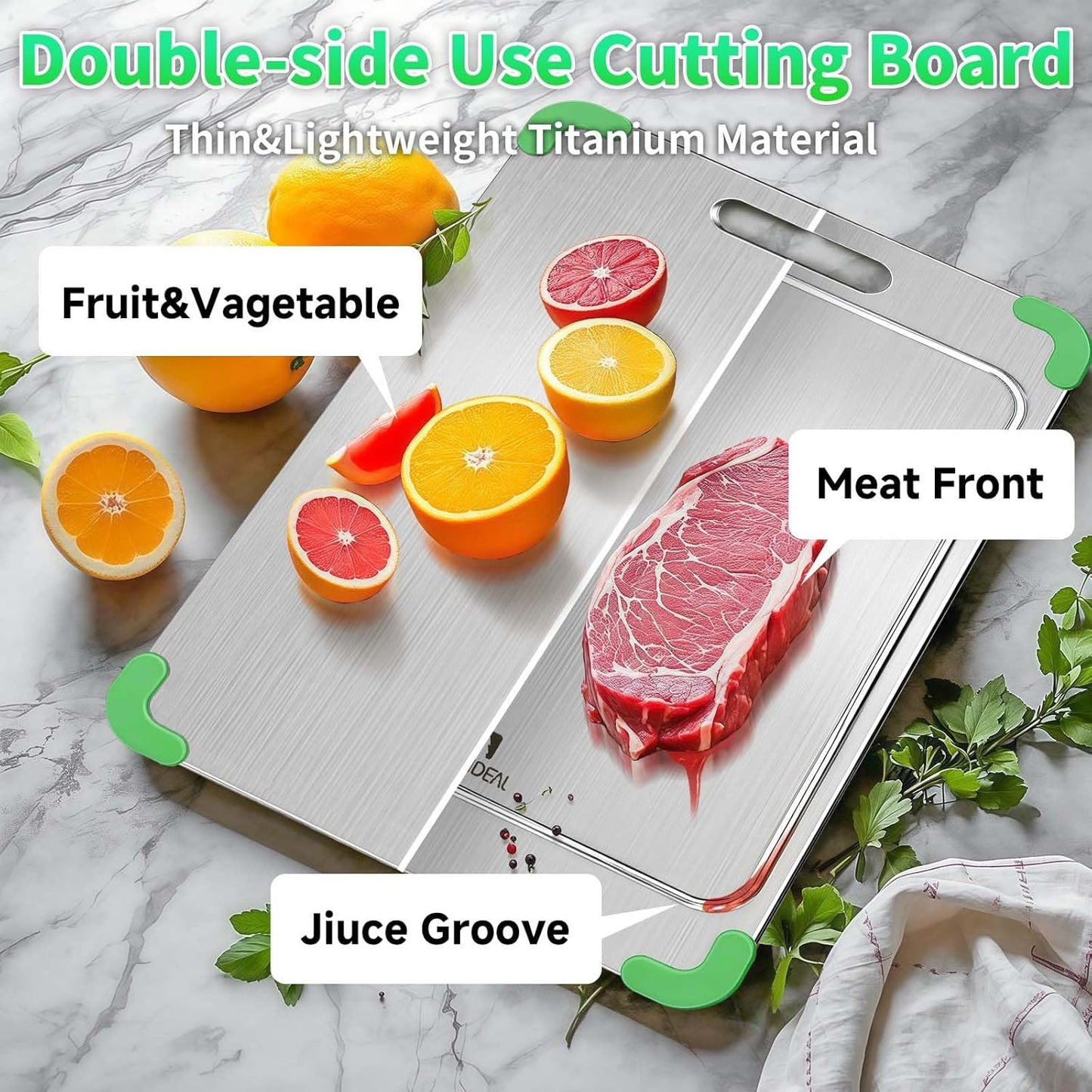 100% Pure Titanium Cutting Board with Grooves, Update Double Side Titanium Chopping Board, Silicone Anti-slip Stainless Cutting Boards for Kitchen 8 * 12 IN, Green
